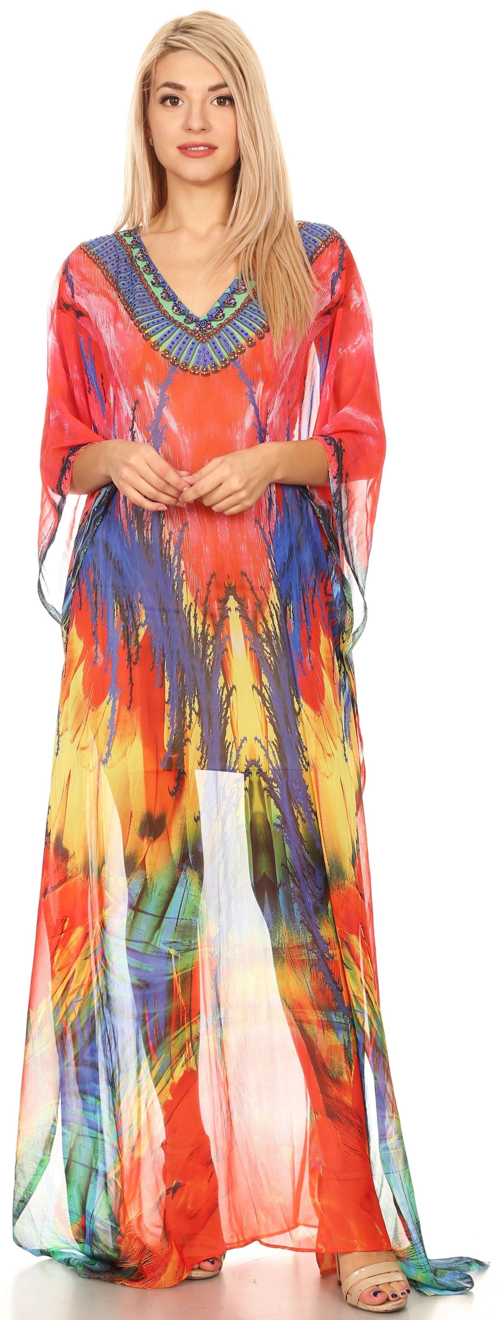 Vestido caftán largo con diseño estampado Wilder de Sakkas y cristales transparentes.