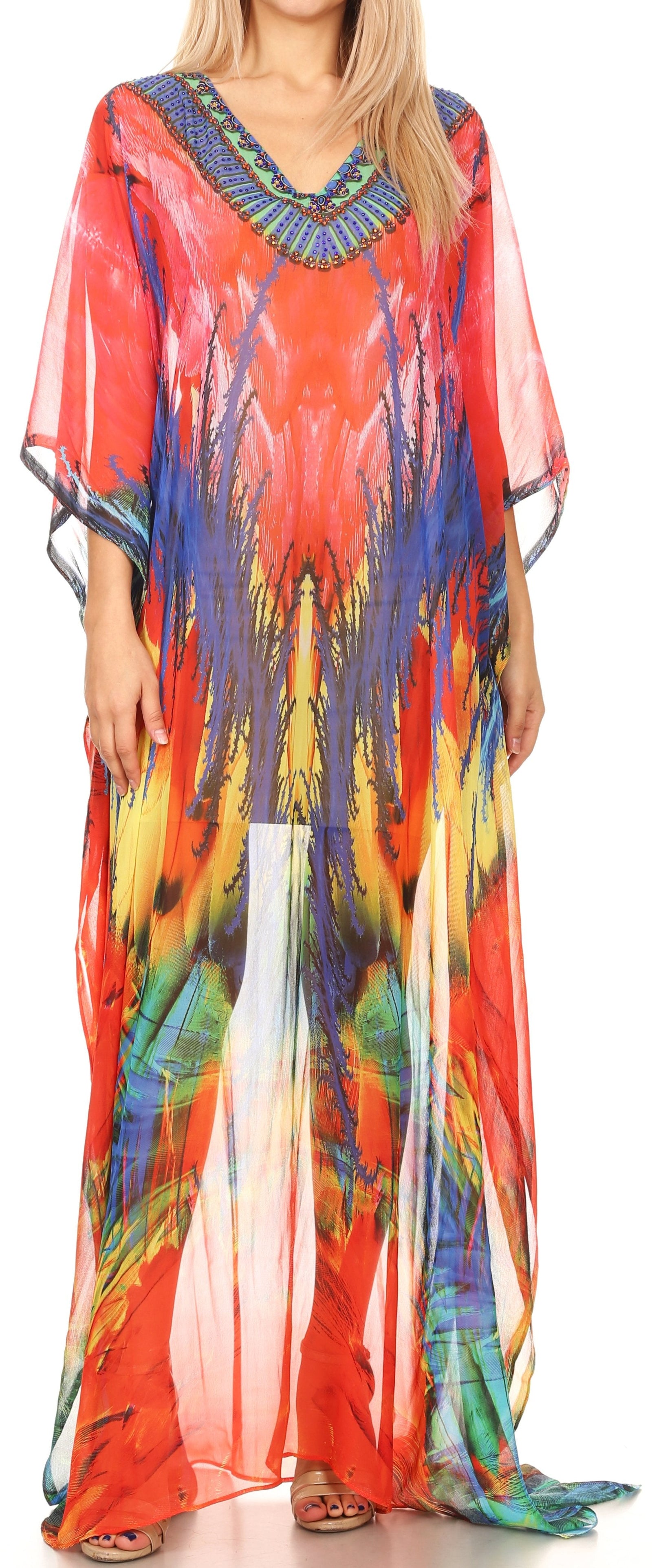 Vestido caftán largo con diseño estampado Wilder de Sakkas y cristales transparentes.