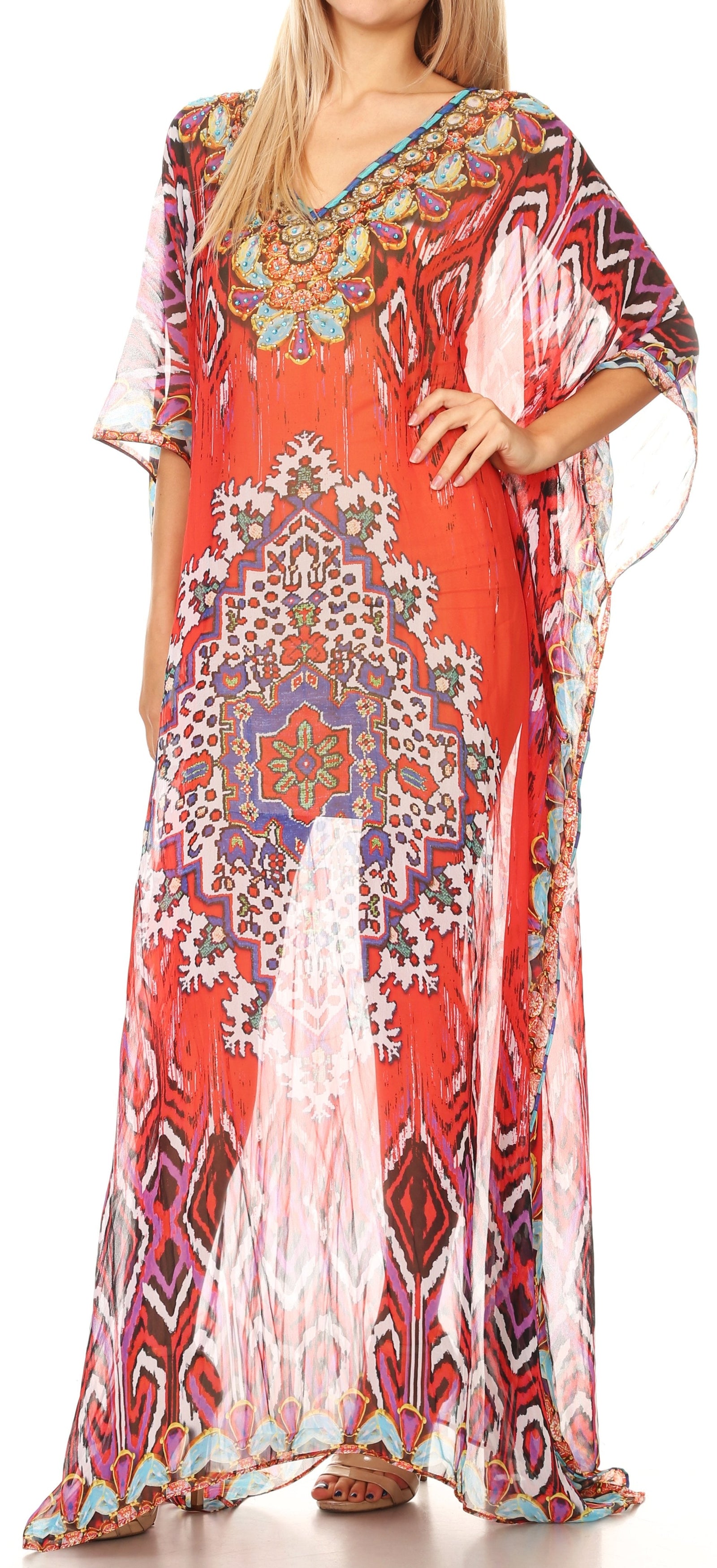 Vestido caftán largo con diseño estampado Wilder de Sakkas y cristales transparentes.