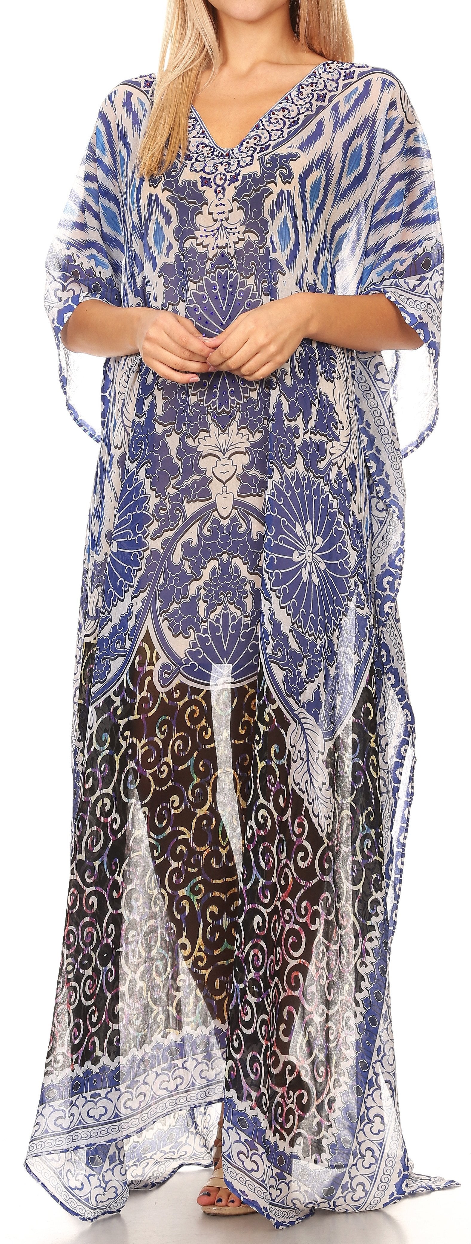 Vestido caftán largo con diseño estampado Wilder de Sakkas y cristales transparentes.