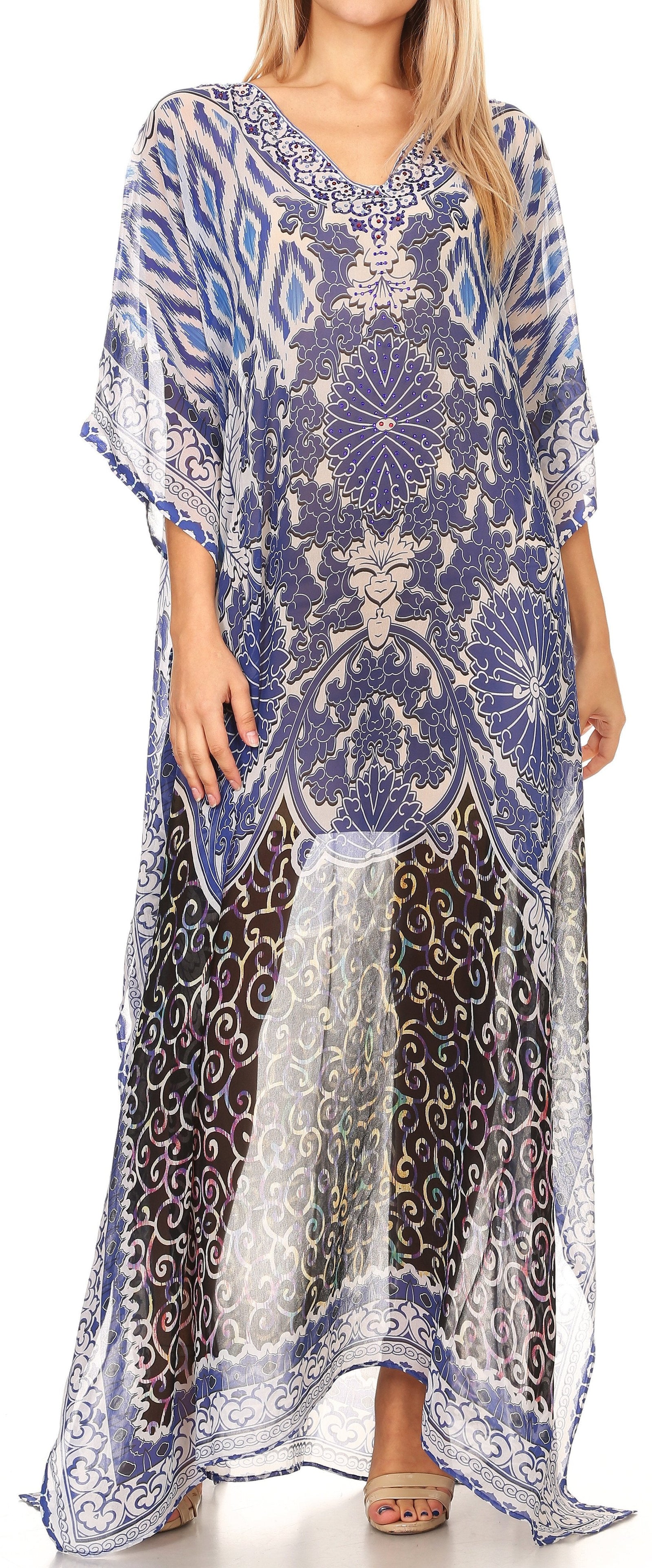 Vestido caftán largo con diseño estampado Wilder de Sakkas y cristales transparentes.