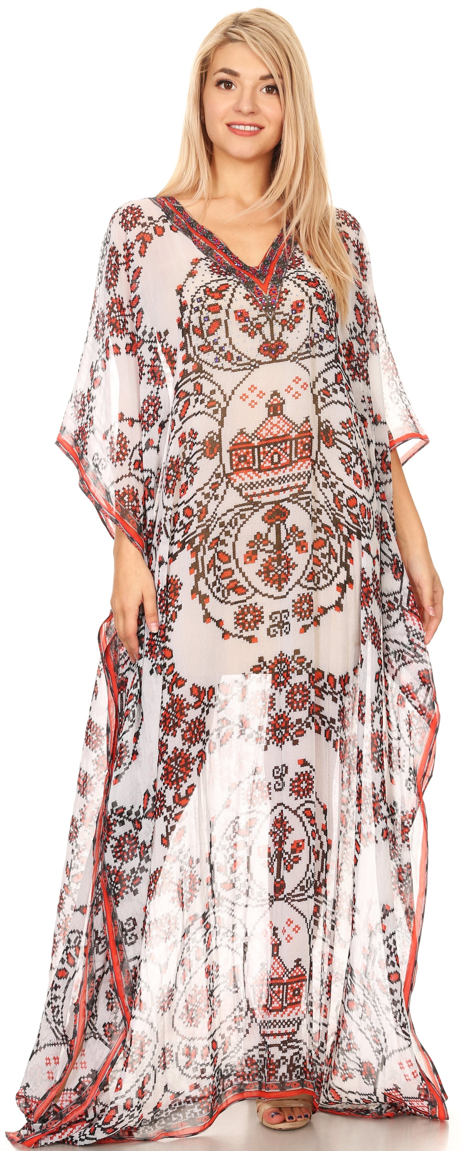 Vestido caftán largo con diseño estampado Wilder de Sakkas y cristales transparentes.