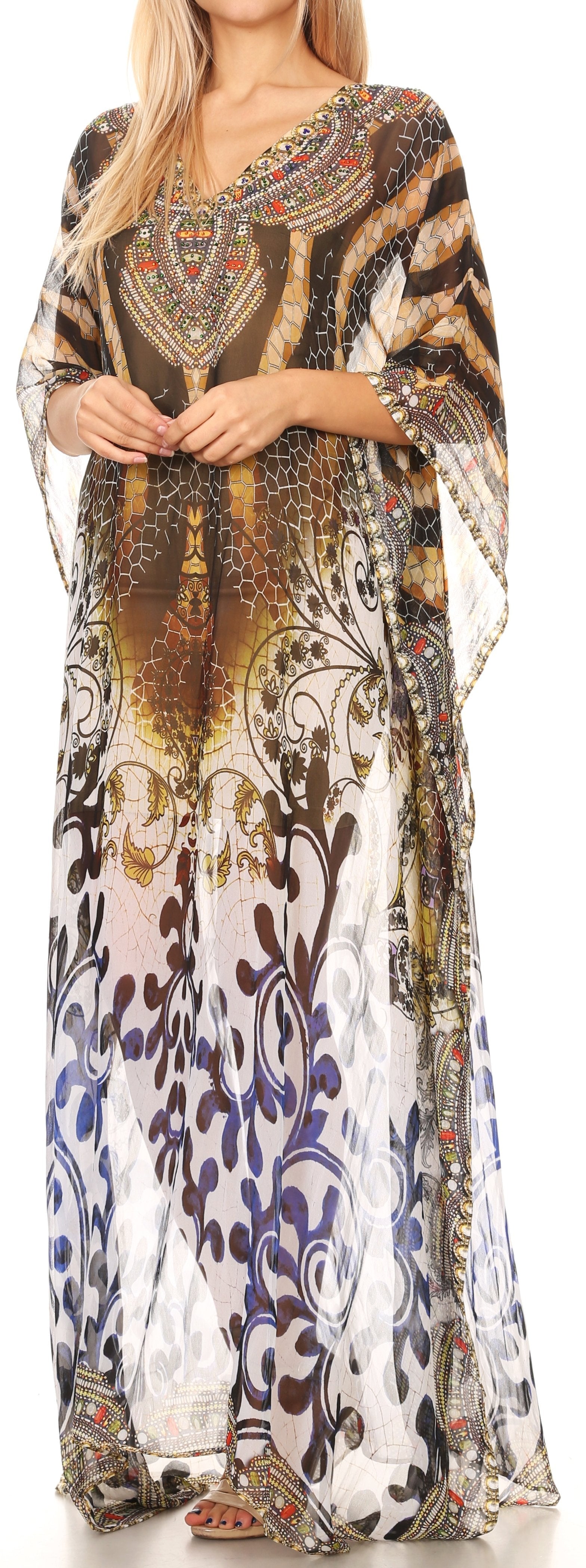 Vestido caftán largo con diseño estampado Wilder de Sakkas y cristales transparentes.