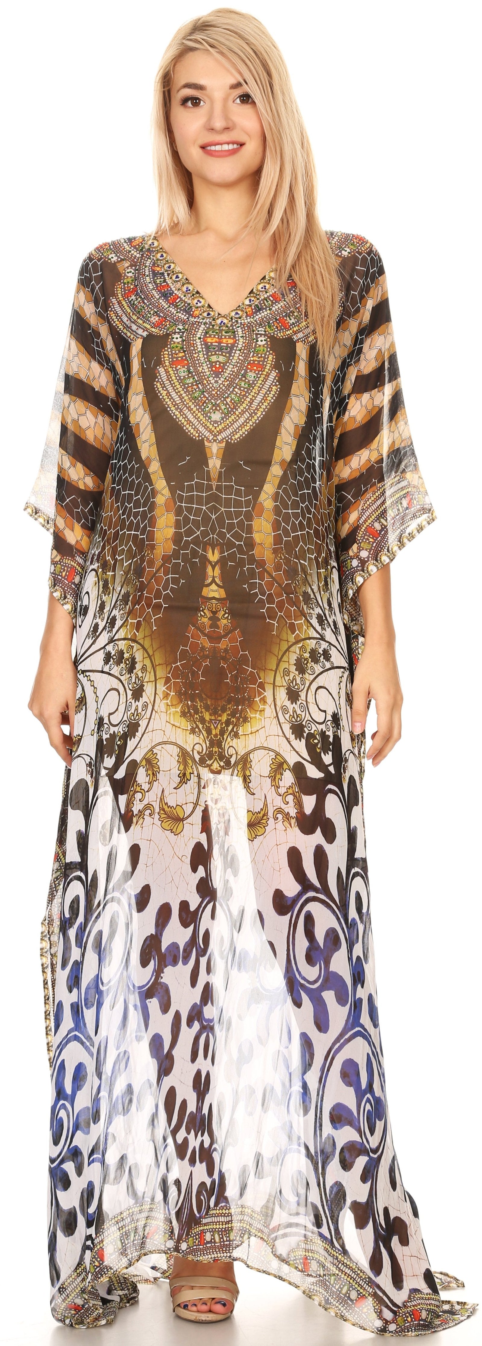 Vestido caftán largo con diseño estampado Wilder de Sakkas y cristales transparentes.
