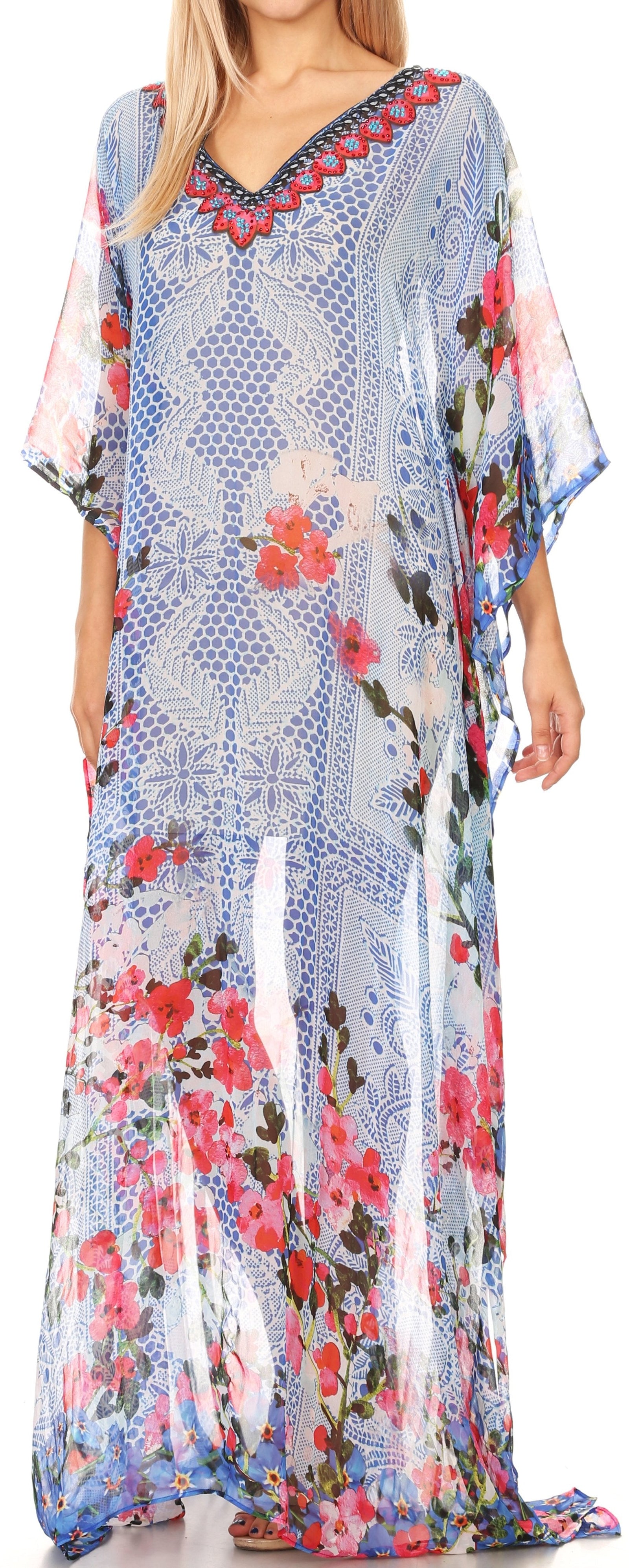 Vestido caftán largo con diseño estampado Wilder de Sakkas y cristales transparentes.