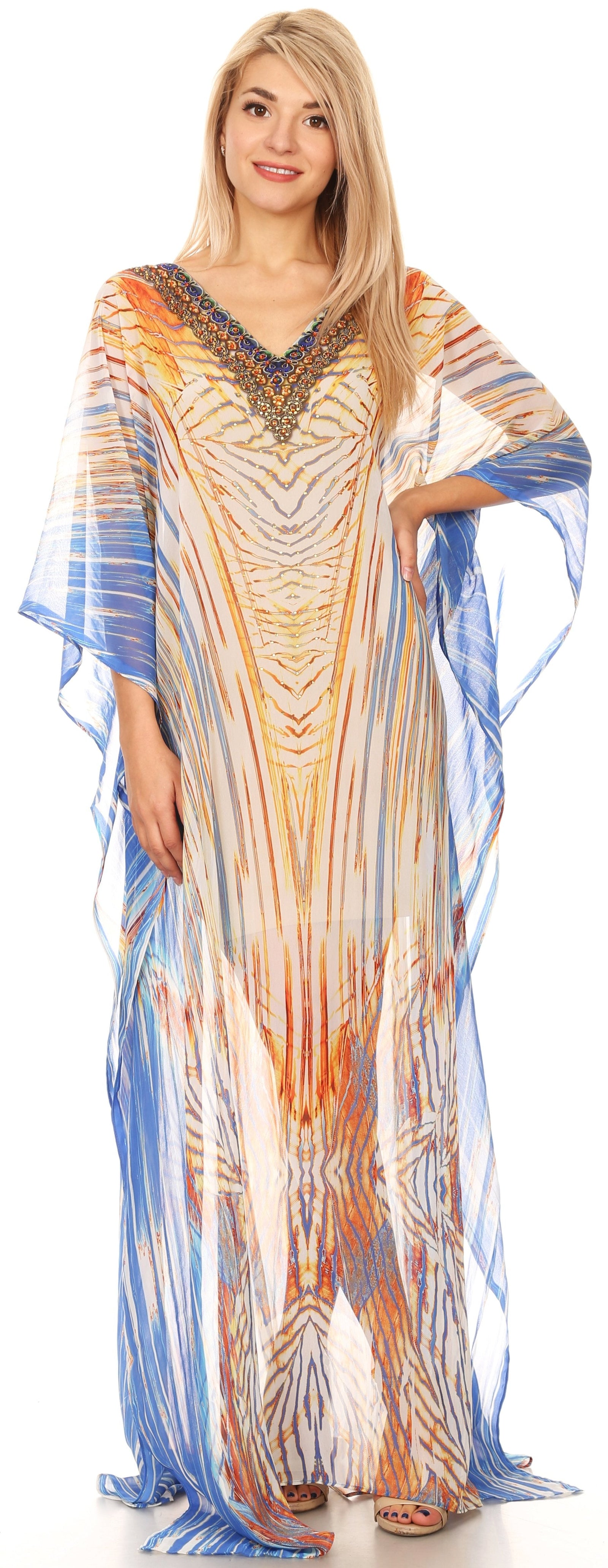 Vestido caftán largo con diseño estampado Wilder de Sakkas y cristales transparentes.