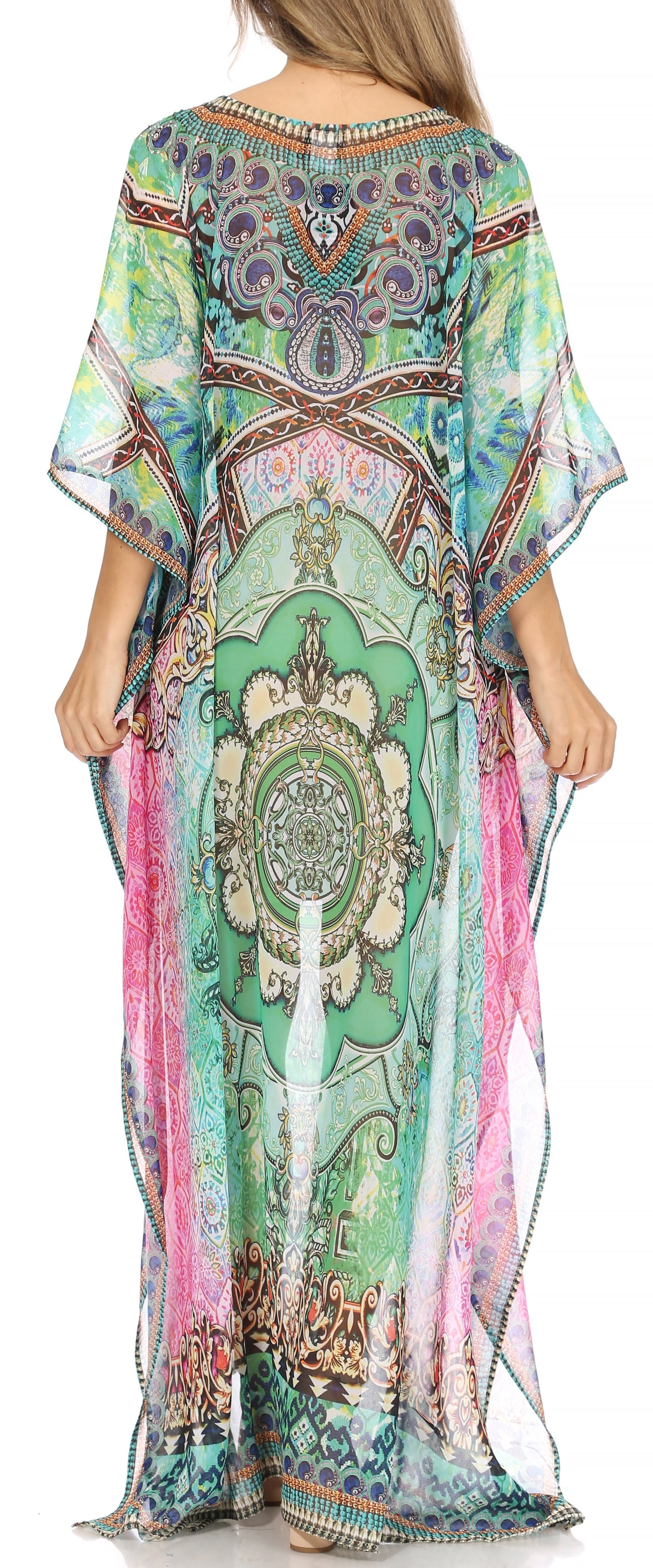 Vestido caftán largo con diseño estampado Wilder de Sakkas y cristales transparentes.