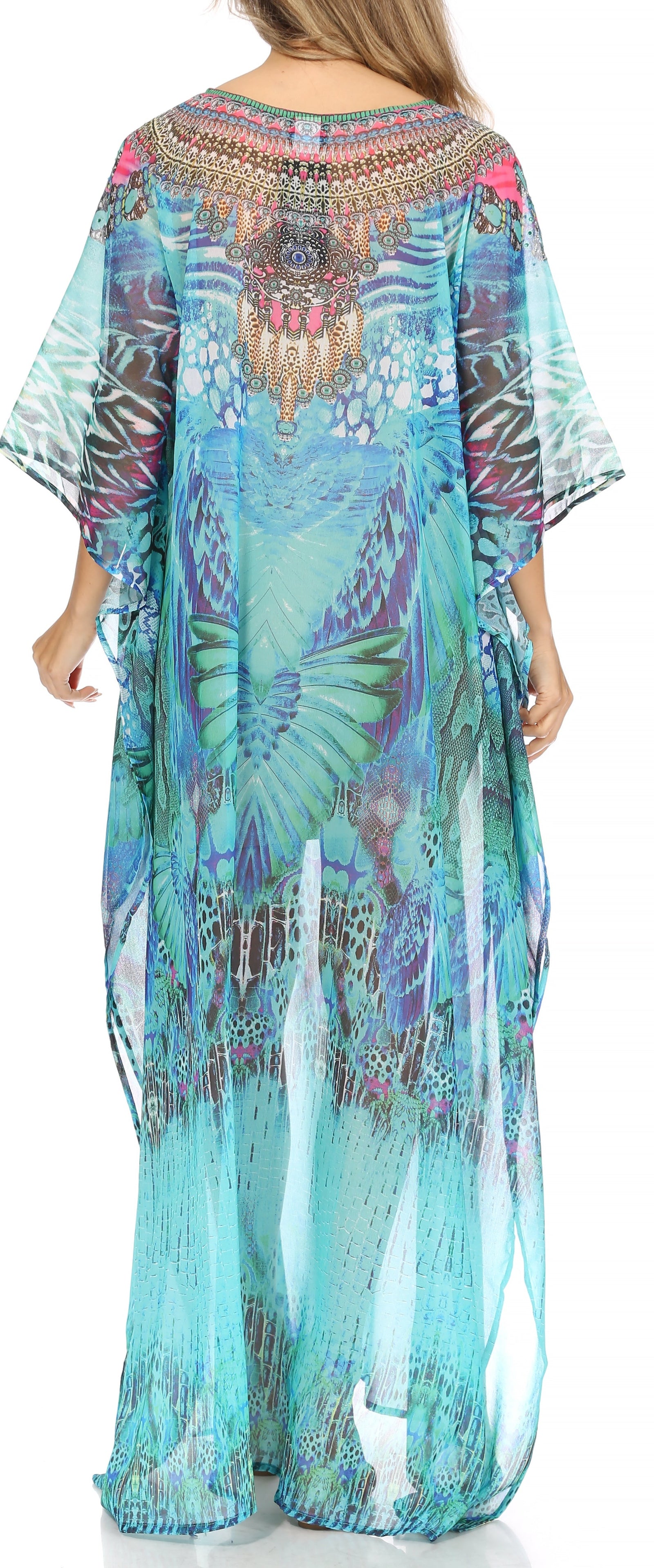 Vestido caftán largo con diseño estampado Wilder de Sakkas y cristales transparentes.