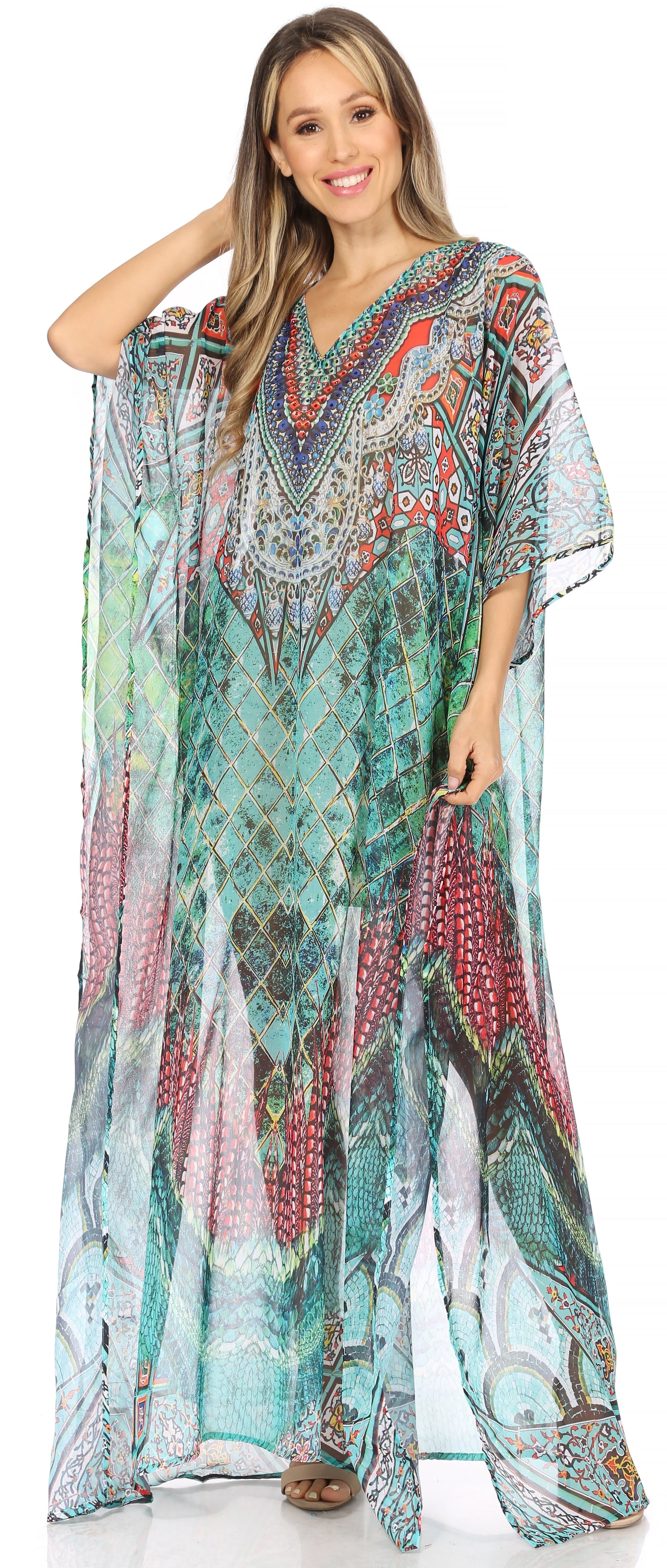 Vestido caftán largo con diseño estampado Wilder de Sakkas y cristales transparentes.