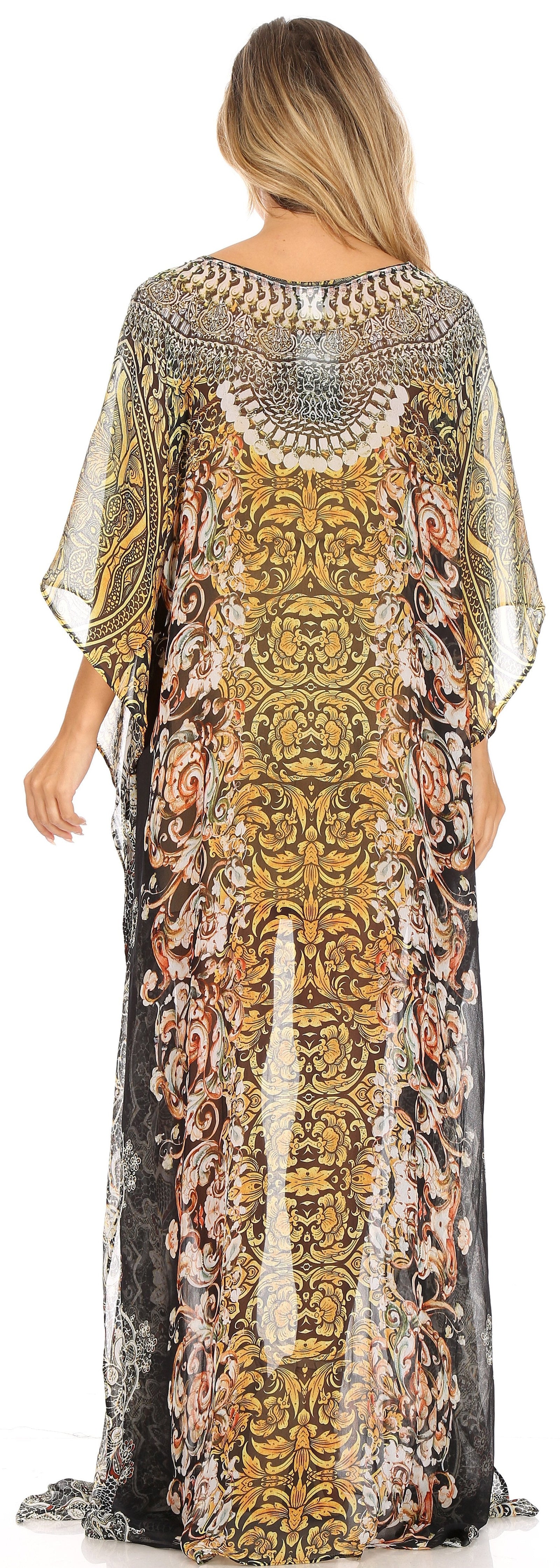 Vestido caftán largo con diseño estampado Wilder de Sakkas y cristales transparentes.