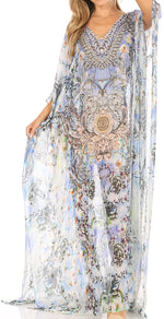 Vestido caftán largo con diseño estampado Wilder de Sakkas y cristales transparentes.