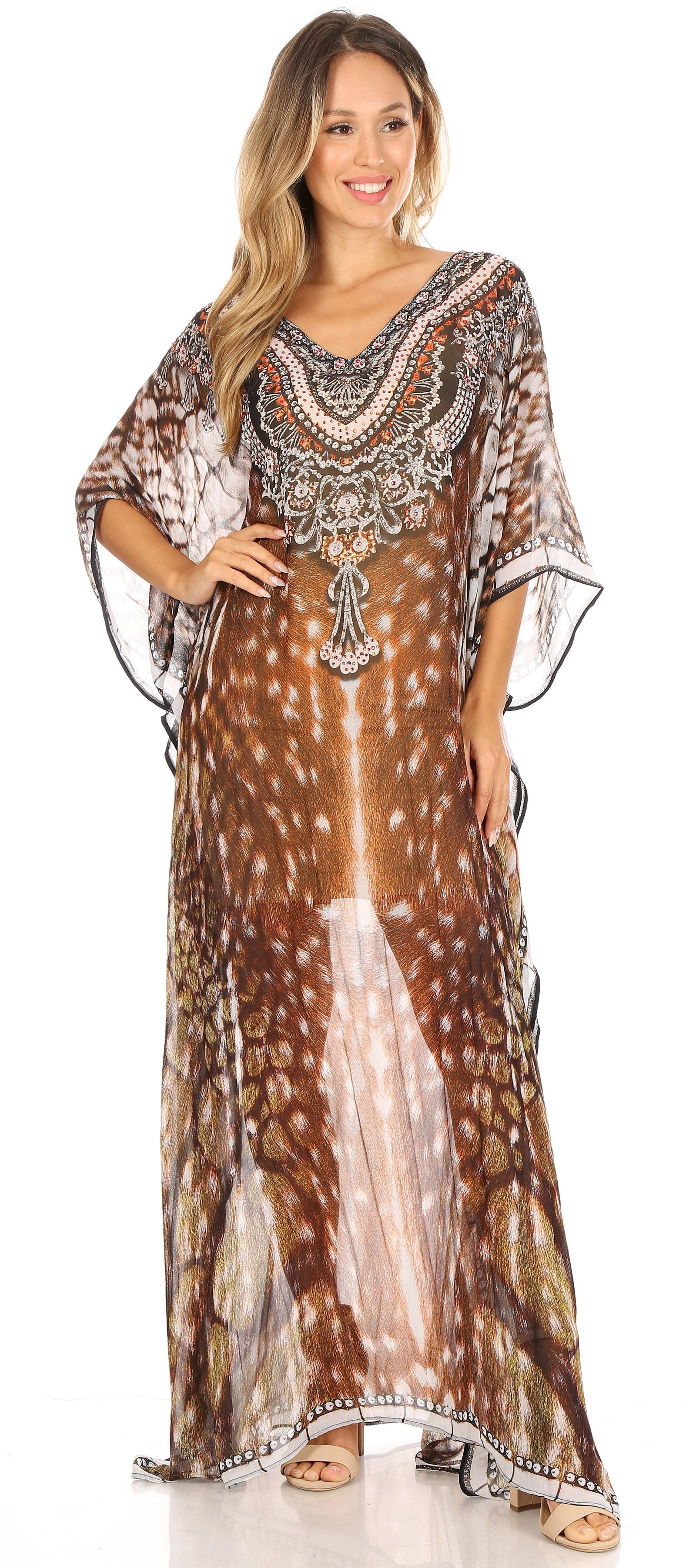 Vestido caftán largo con diseño estampado Wilder de Sakkas y cristales transparentes.