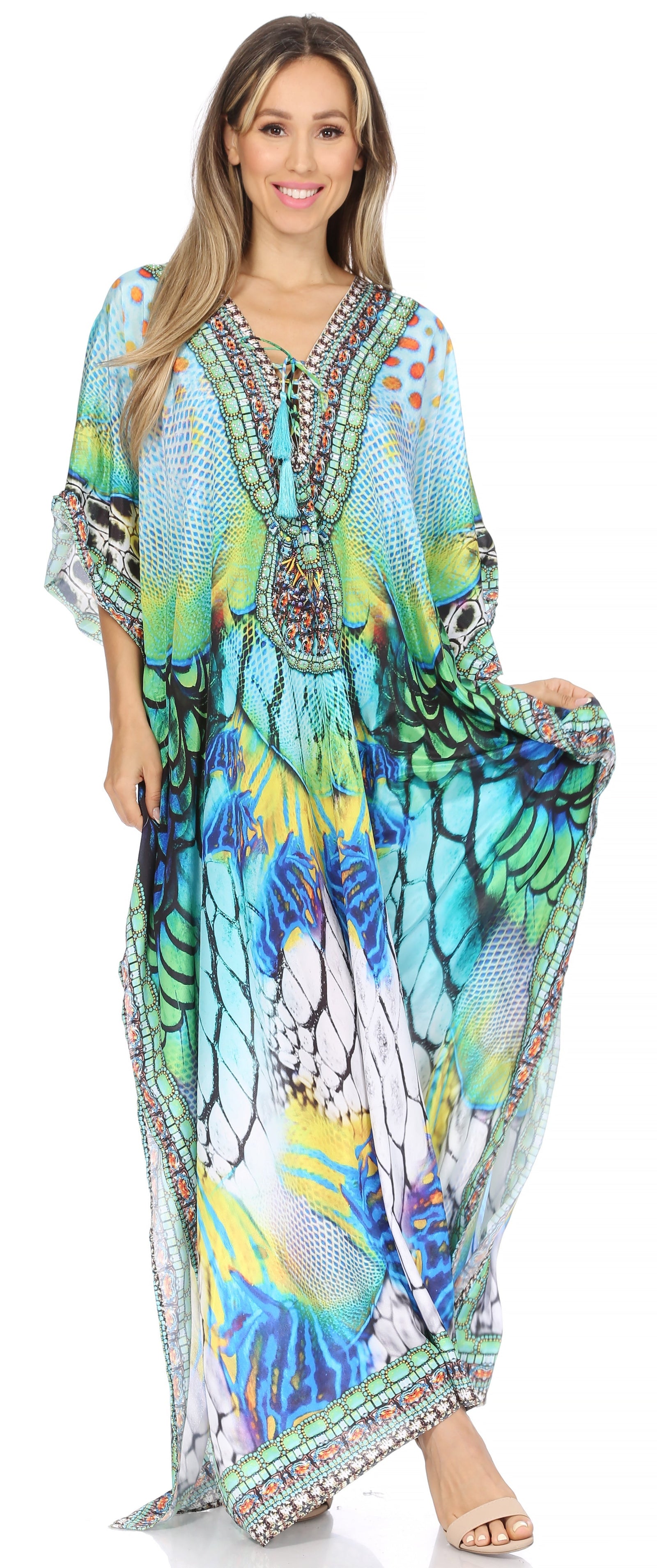 Vestido caftán largo Sakkas Georgettina con escote en V y cristales fluidos