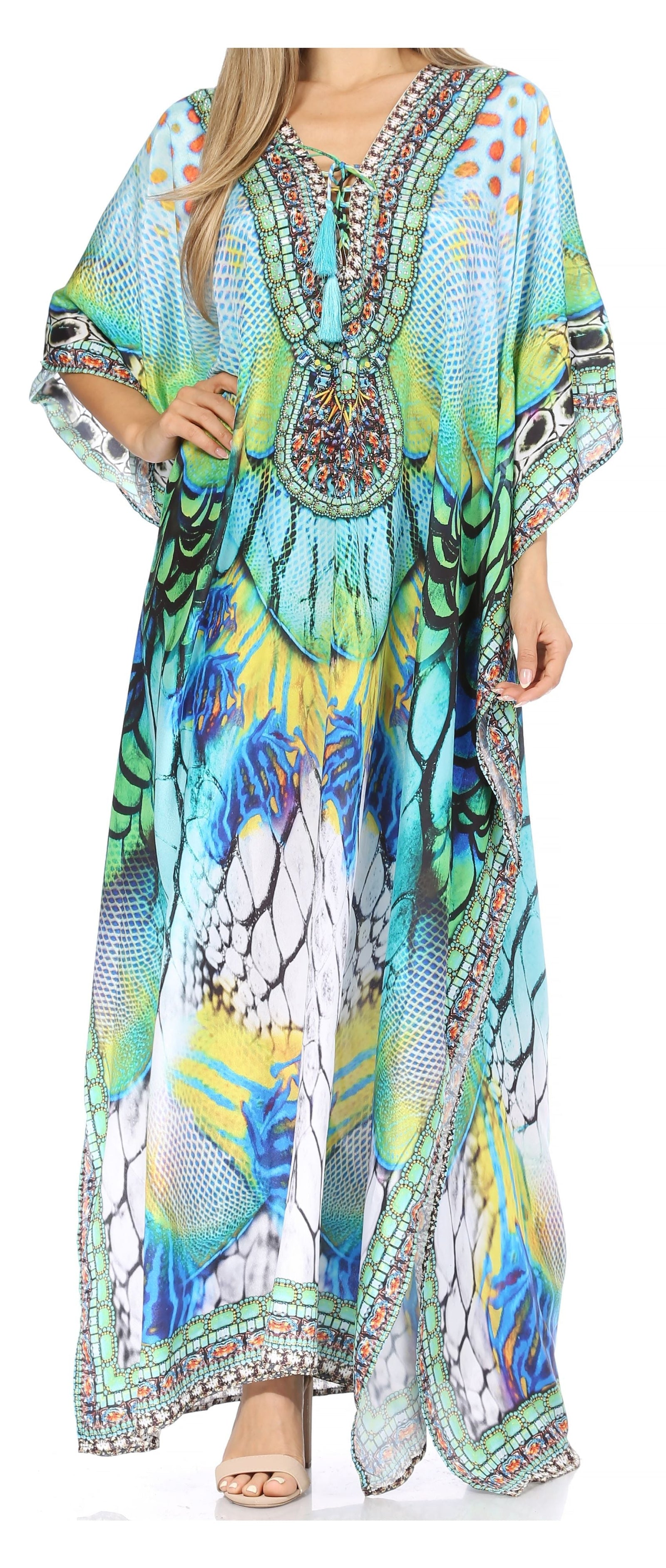 Vestido caftán largo Sakkas Georgettina con escote en V y cristales fluidos