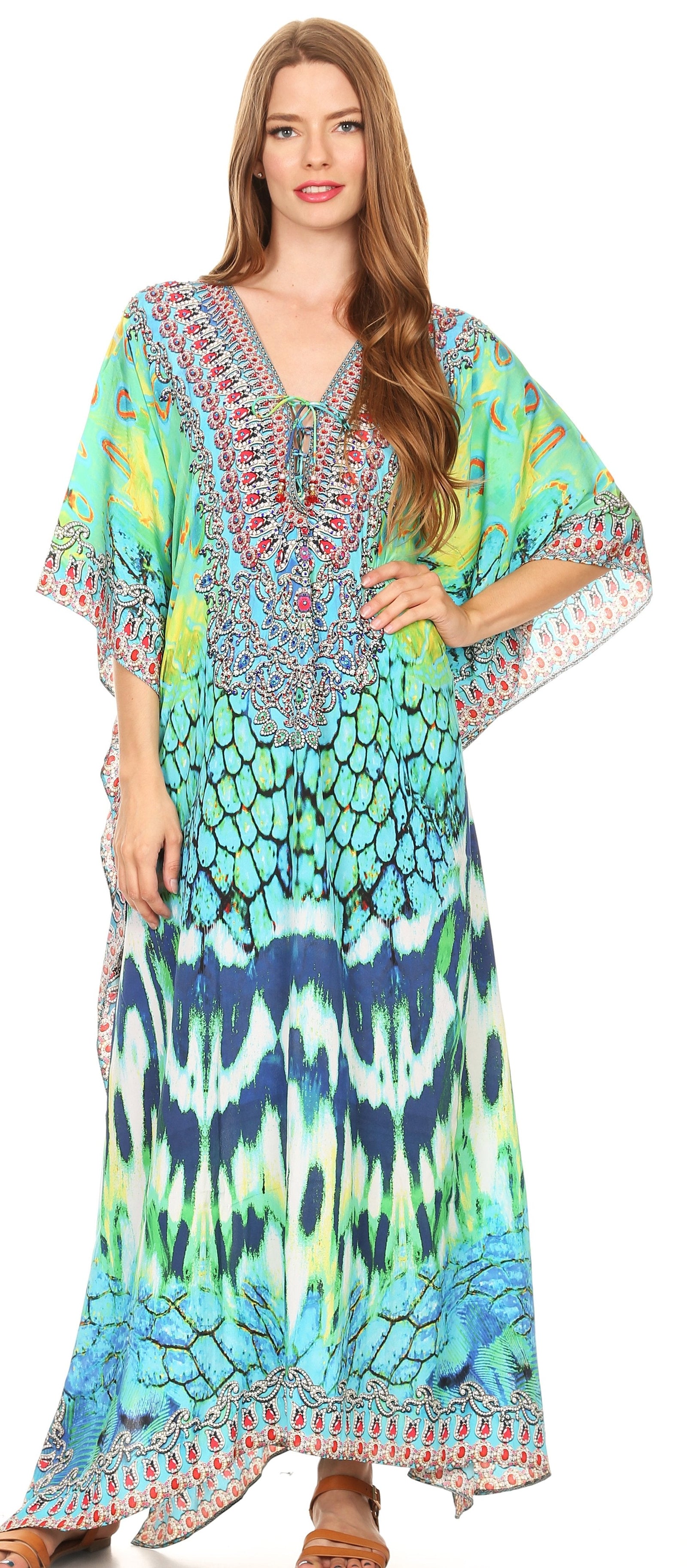 Vestido caftán largo Sakkas Georgettina con escote en V y cristales fluidos