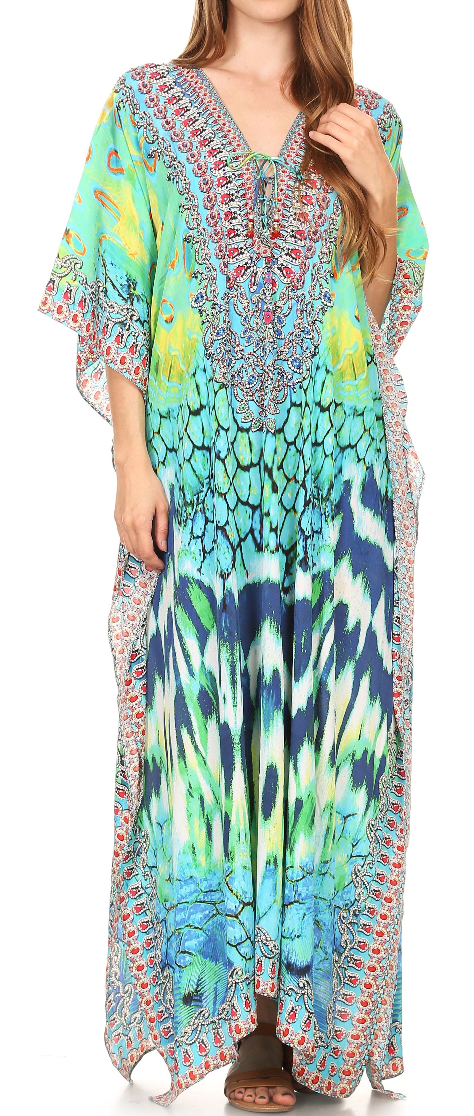 Vestido caftán largo Sakkas Georgettina con escote en V y cristales fluidos