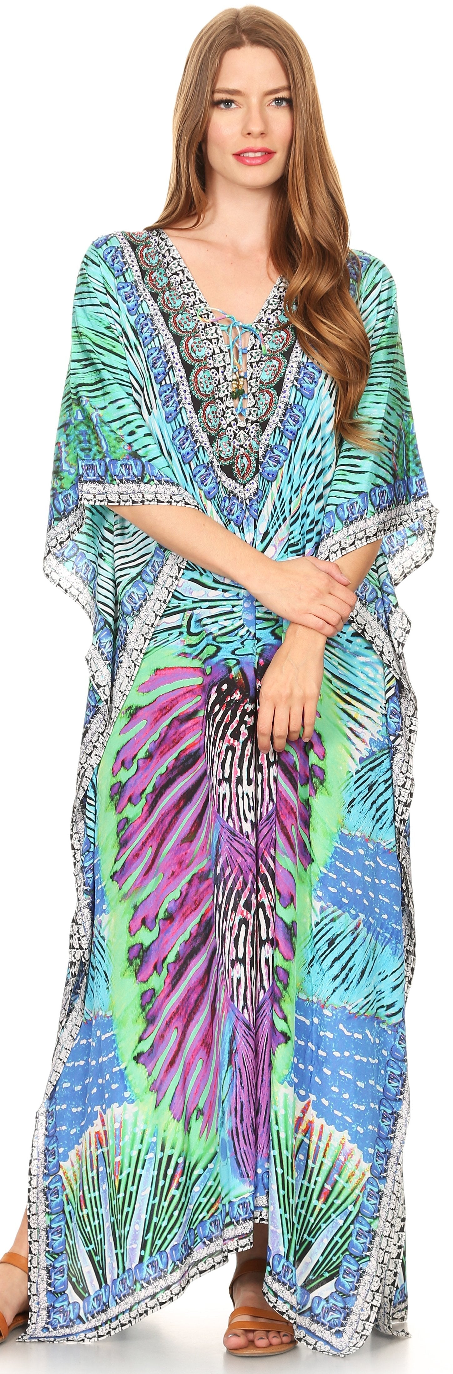 Vestido caftán largo Sakkas Georgettina con escote en V y cristales fluidos