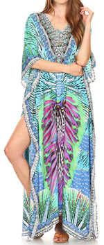 Vestido caftán largo Sakkas Georgettina con escote en V y cristales fluidos