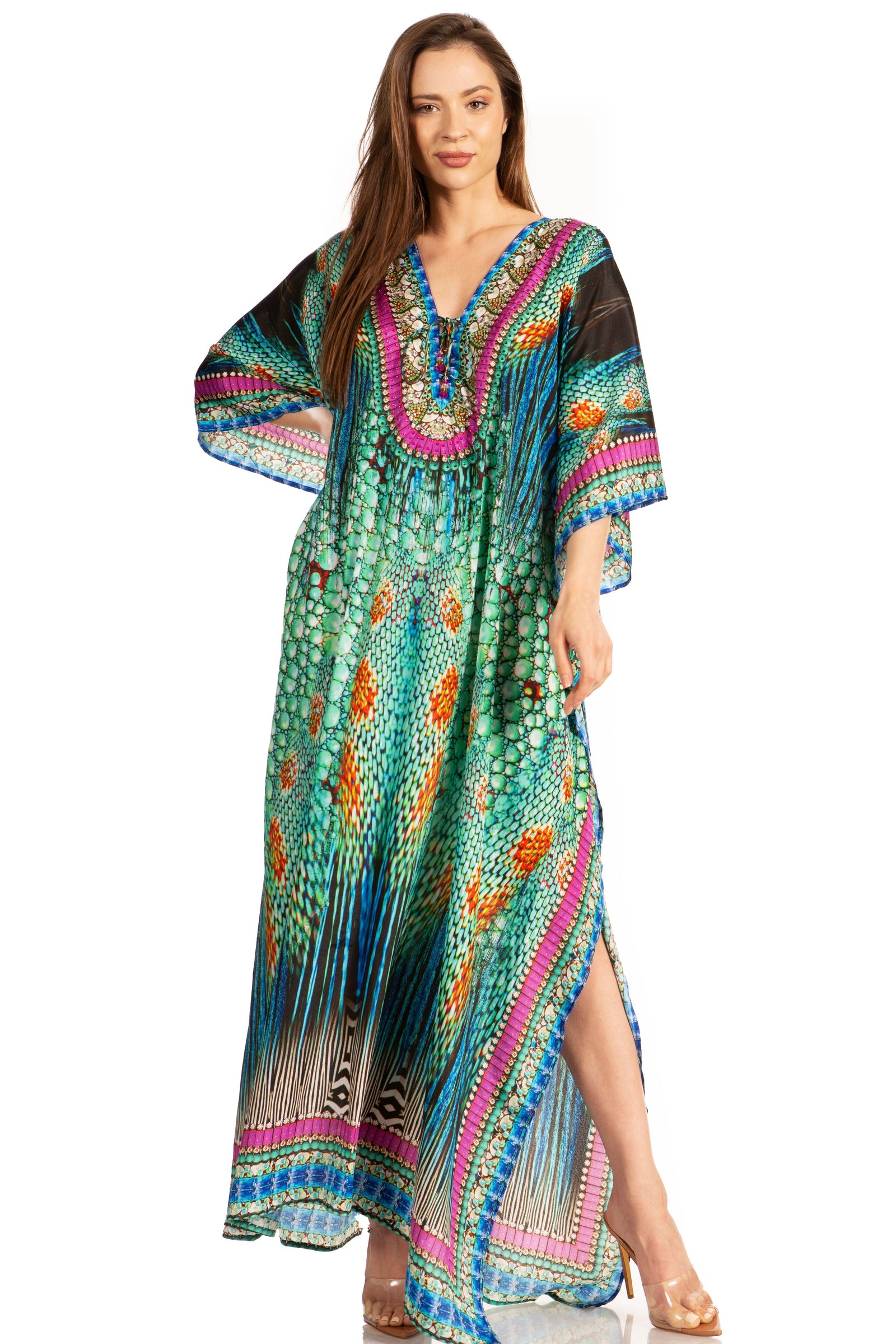 Vestido caftán largo Sakkas Georgettina con escote en V y cristales fluidos