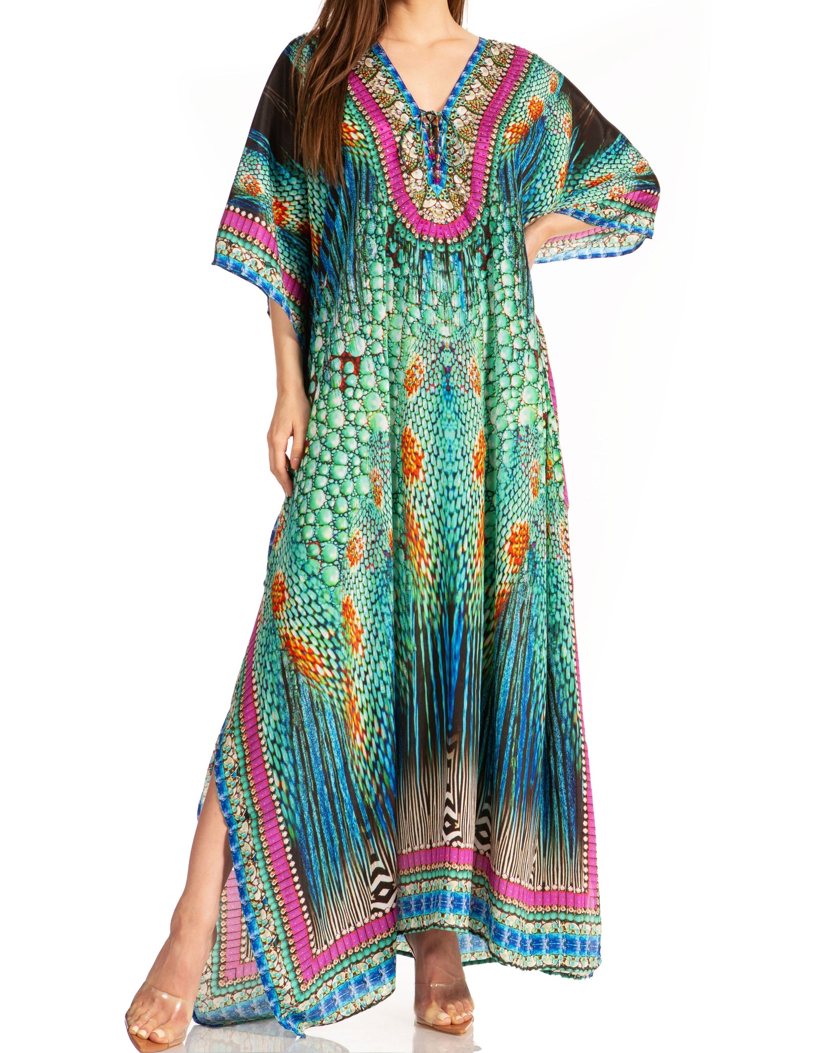 Vestido caftán largo Sakkas Georgettina con escote en V y cristales fluidos