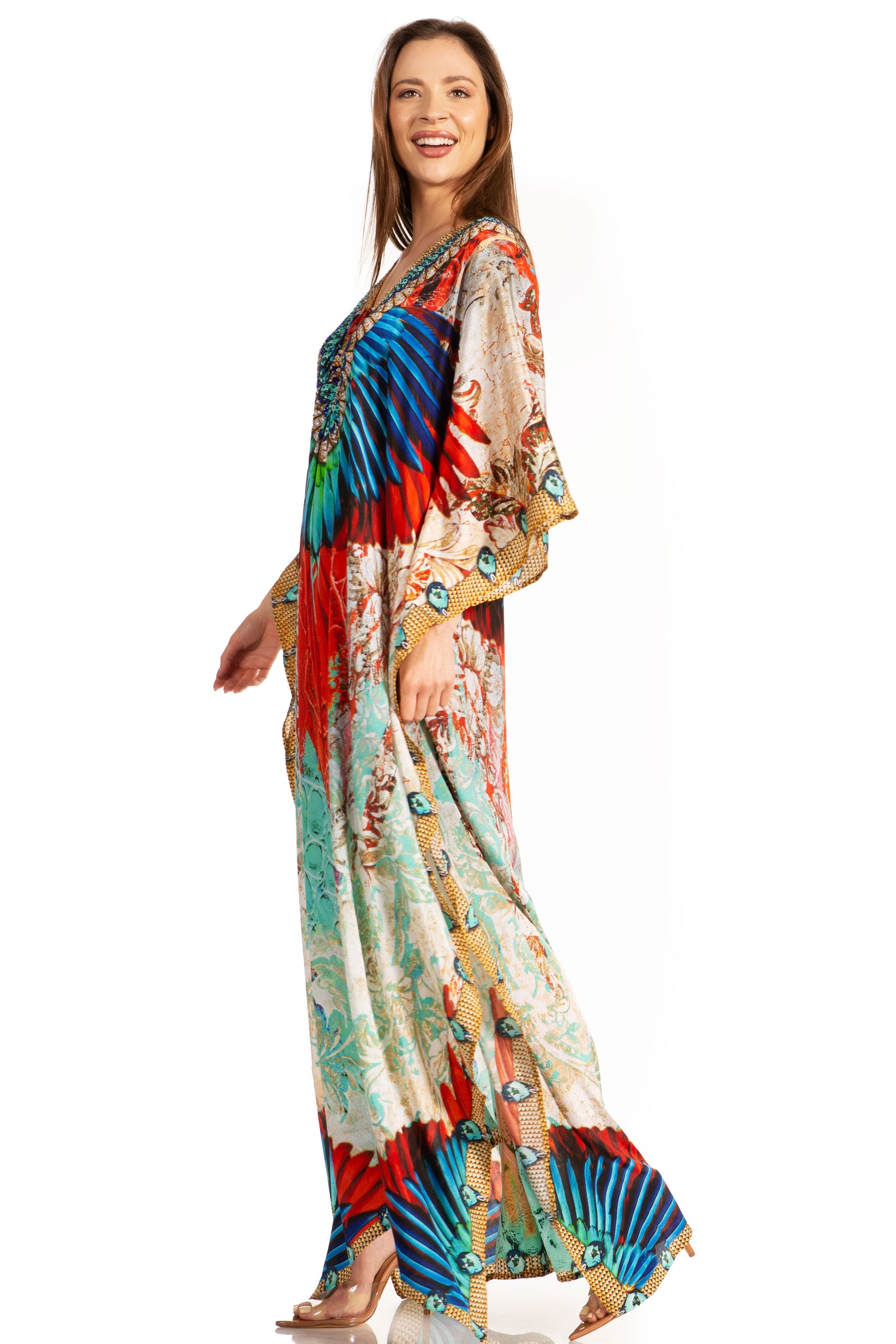 Vestido caftán largo Sakkas Georgettina con escote en V y cristales fluidos