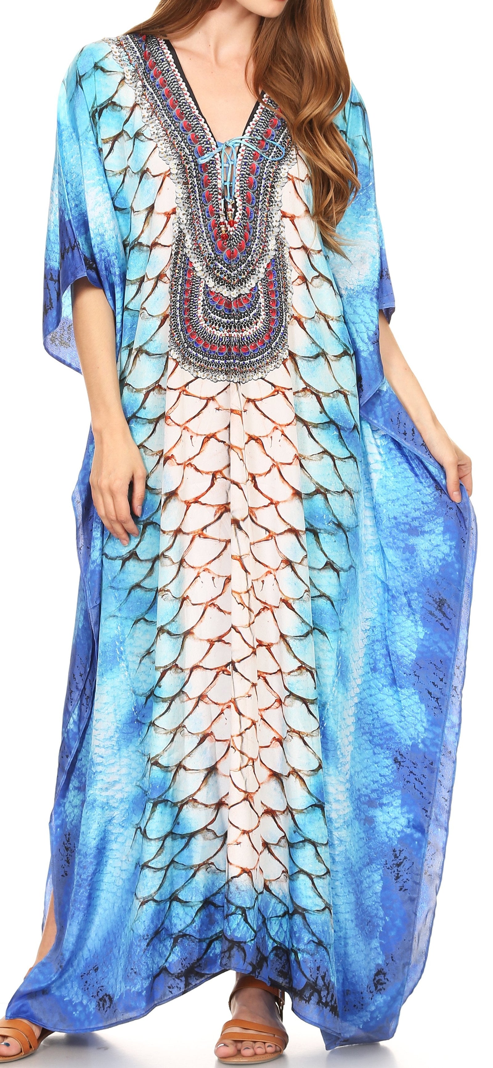 Vestido caftán largo Sakkas Georgettina con escote en V y cristales fluidos