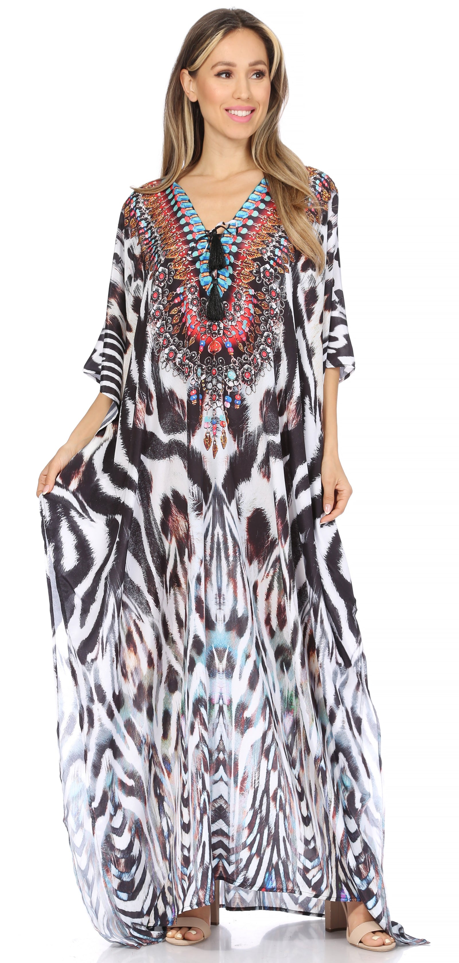 Vestido caftán largo Sakkas Georgettina con escote en V y cristales fluidos