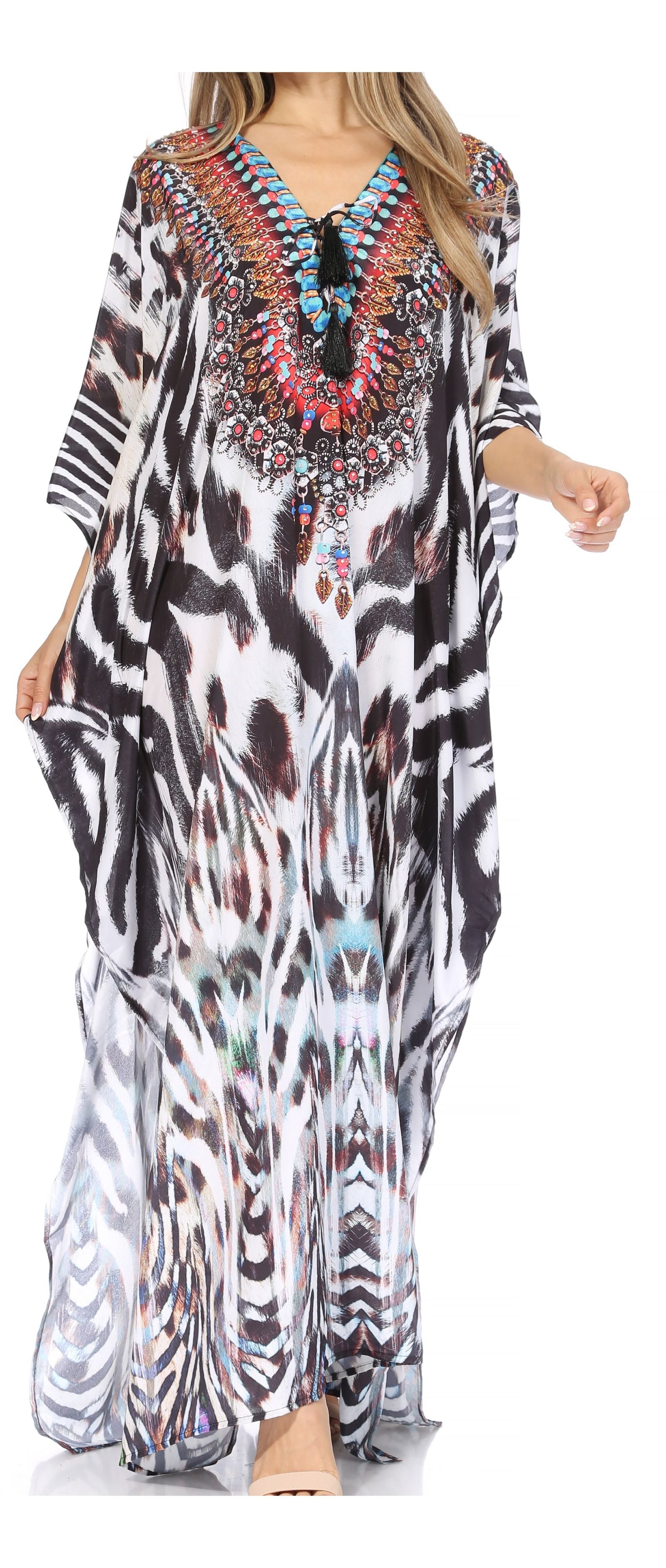 Vestido caftán largo Sakkas Georgettina con escote en V y cristales fluidos