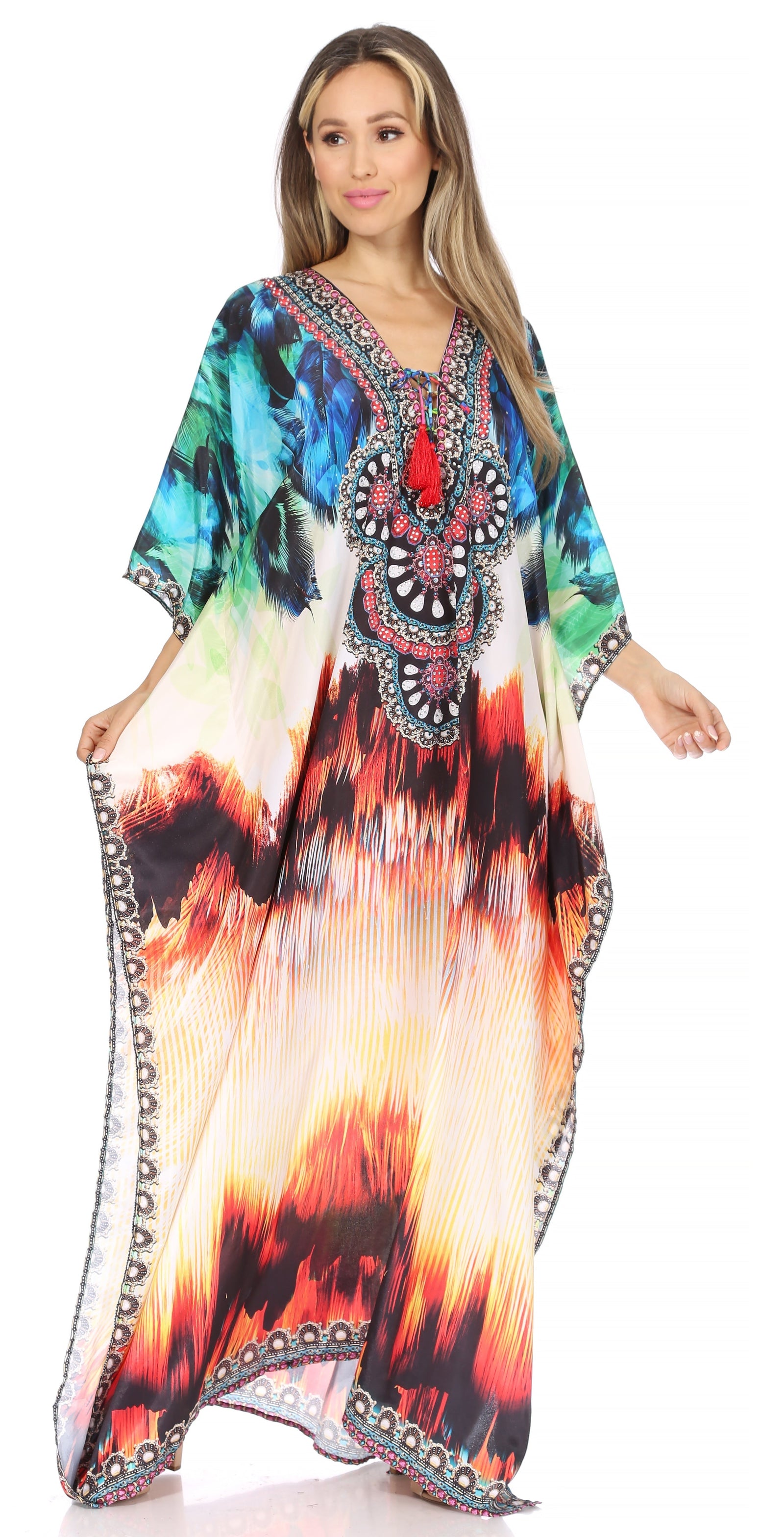 Vestido caftán largo Sakkas Georgettina con escote en V y cristales fluidos