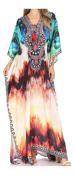 Vestido caftán largo Sakkas Georgettina con escote en V y cristales fluidos