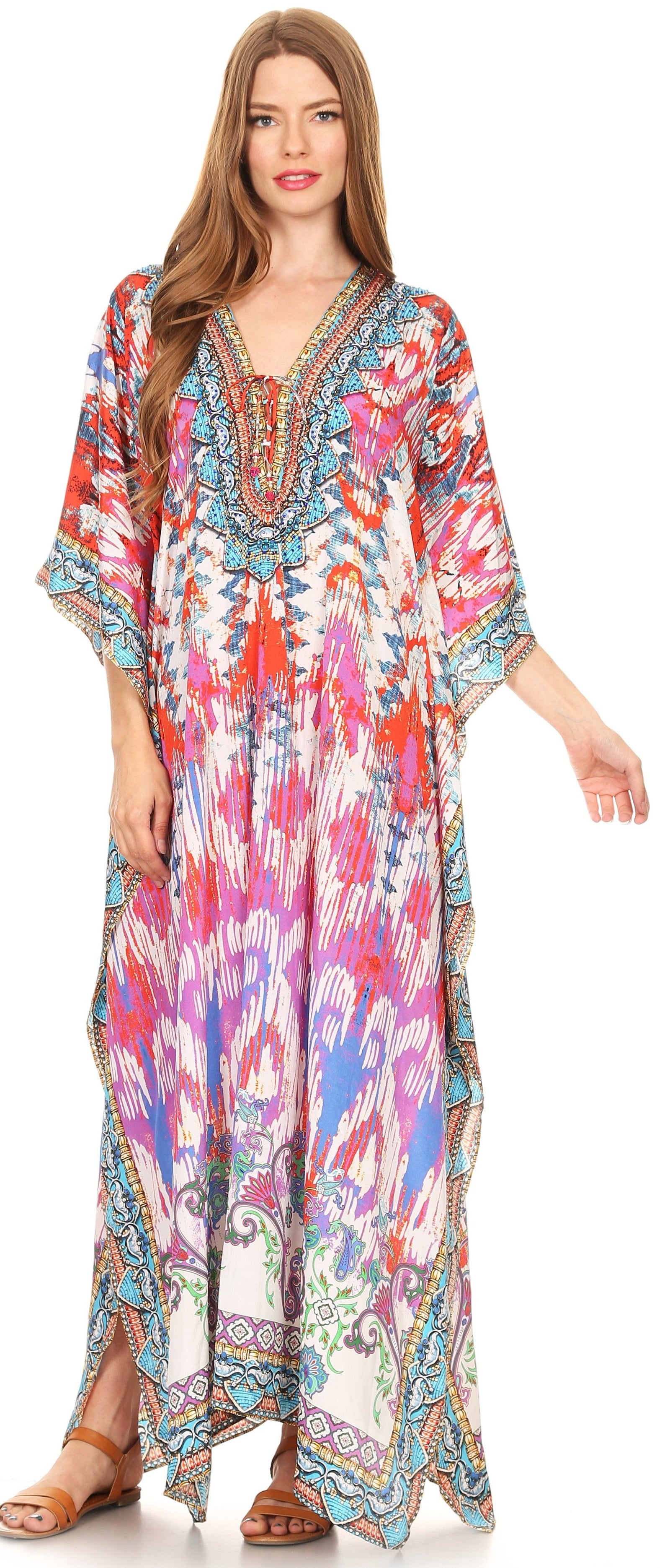 Vestido caftán largo Sakkas Georgettina con escote en V y cristales fluidos