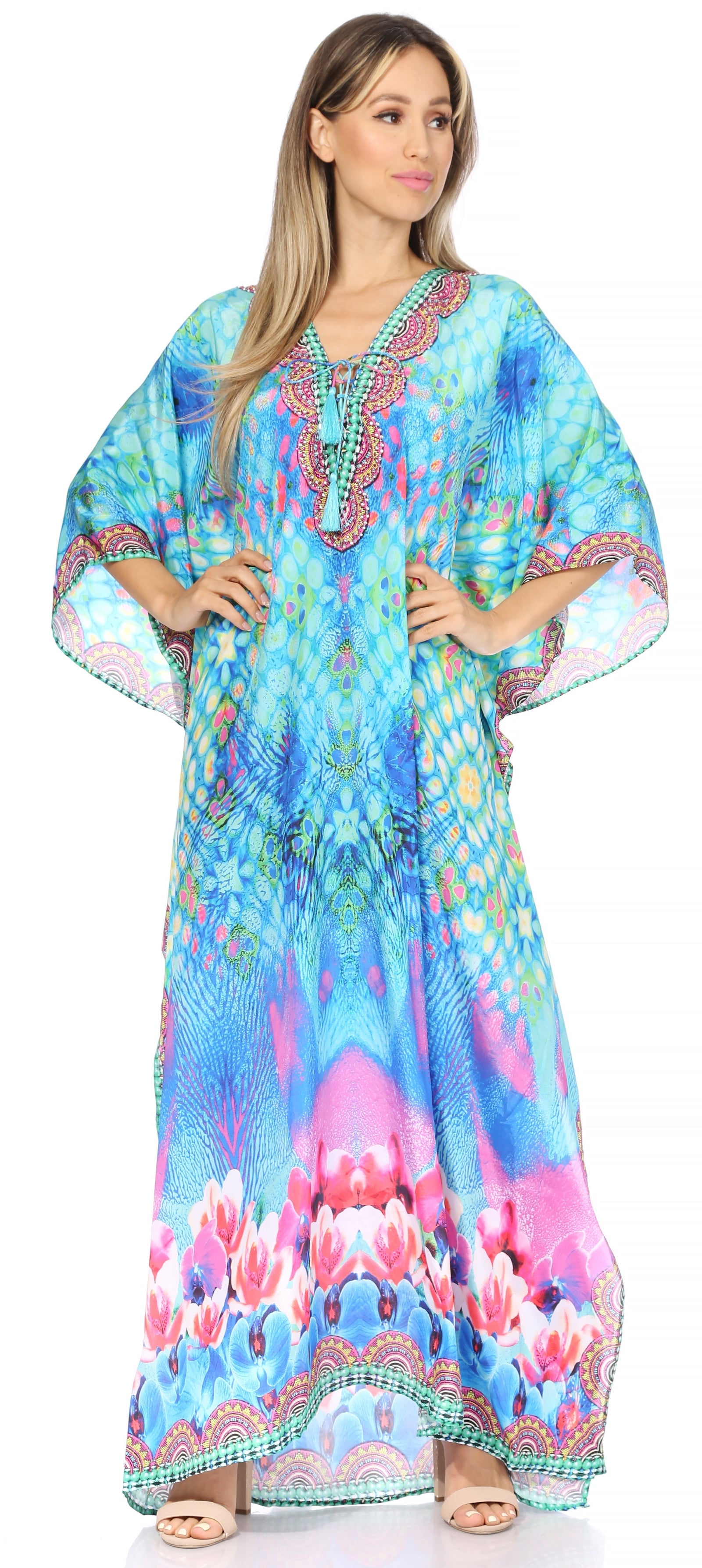 Vestido caftán largo Sakkas Georgettina con escote en V y cristales fluidos