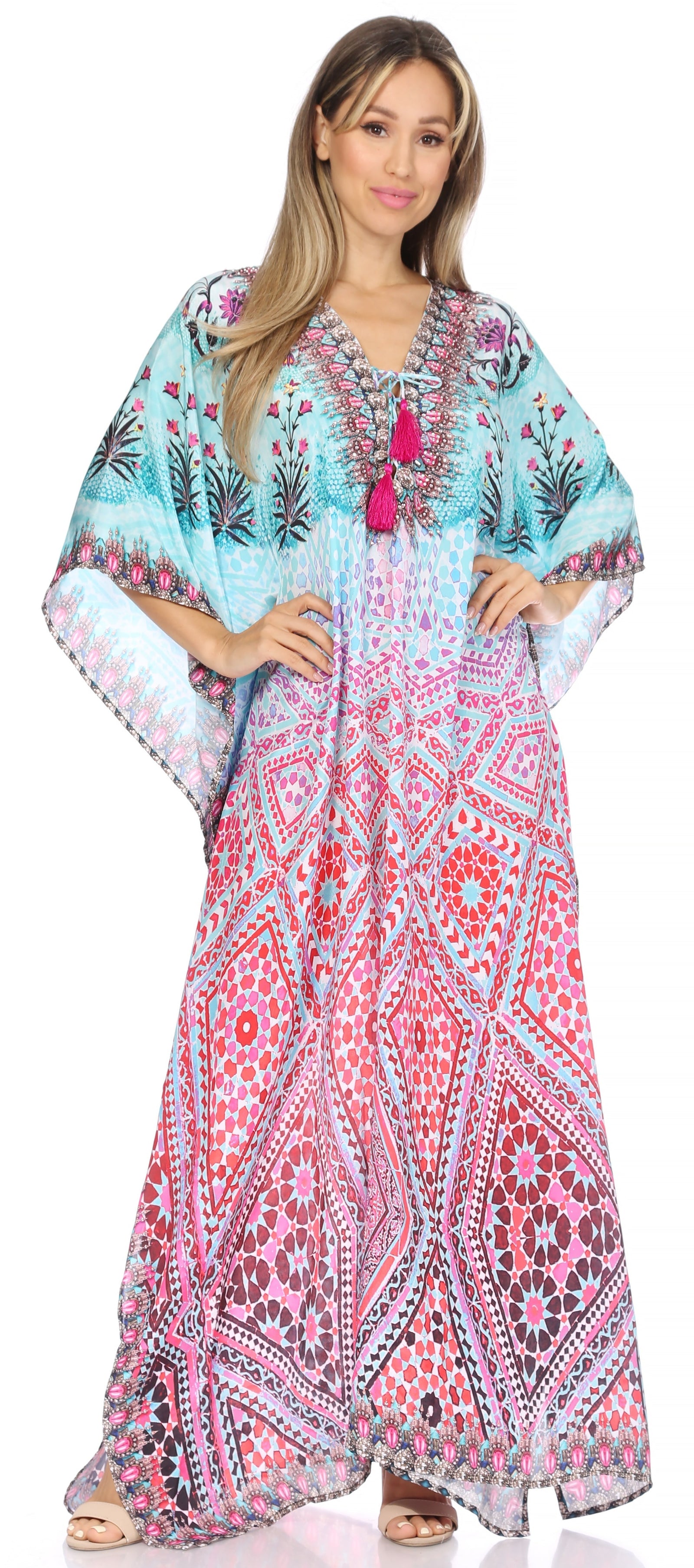 Vestido caftán largo Sakkas Georgettina con escote en V y cristales fluidos