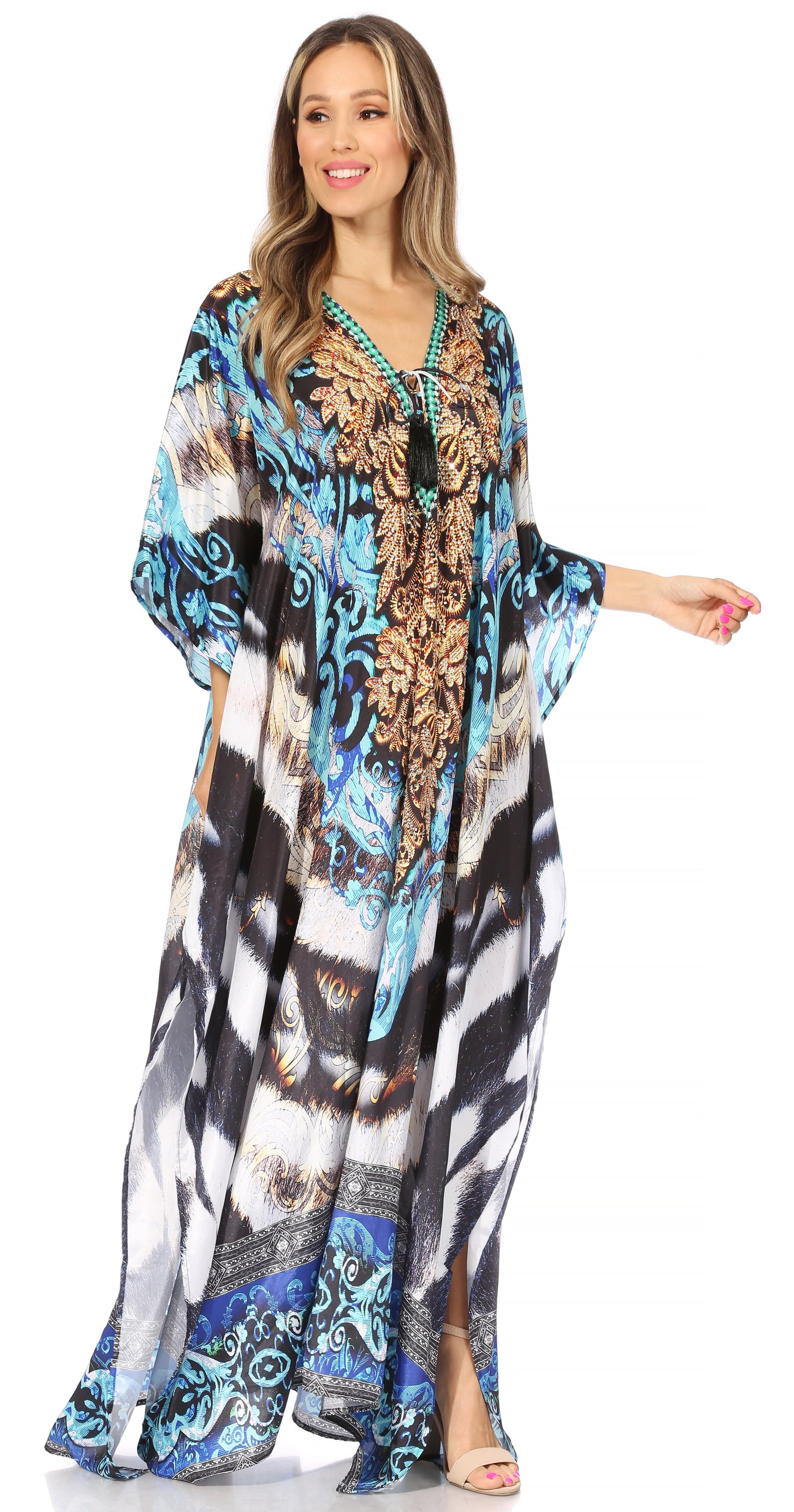 Vestido caftán largo Sakkas Georgettina con escote en V y cristales fluidos
