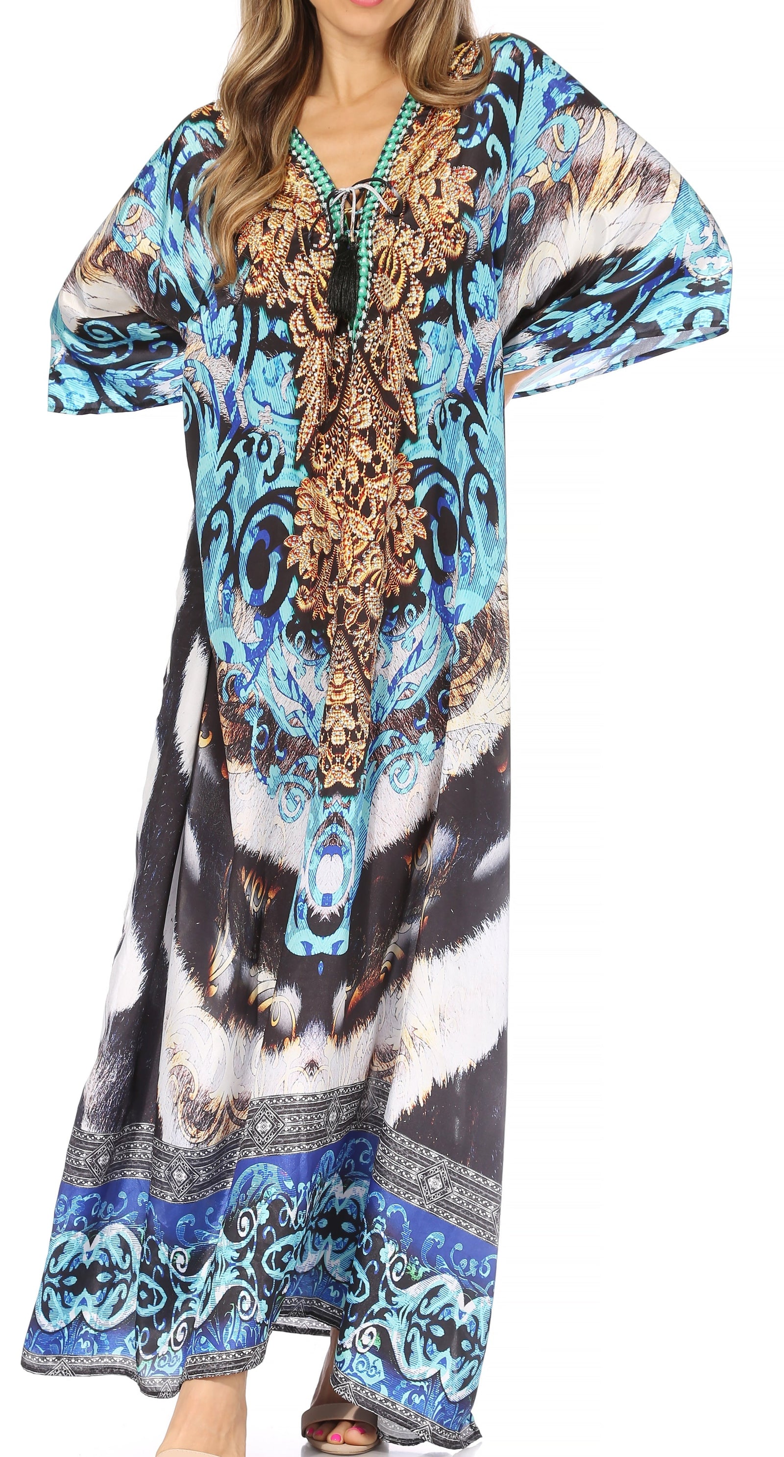 Vestido caftán largo Sakkas Georgettina con escote en V y cristales fluidos
