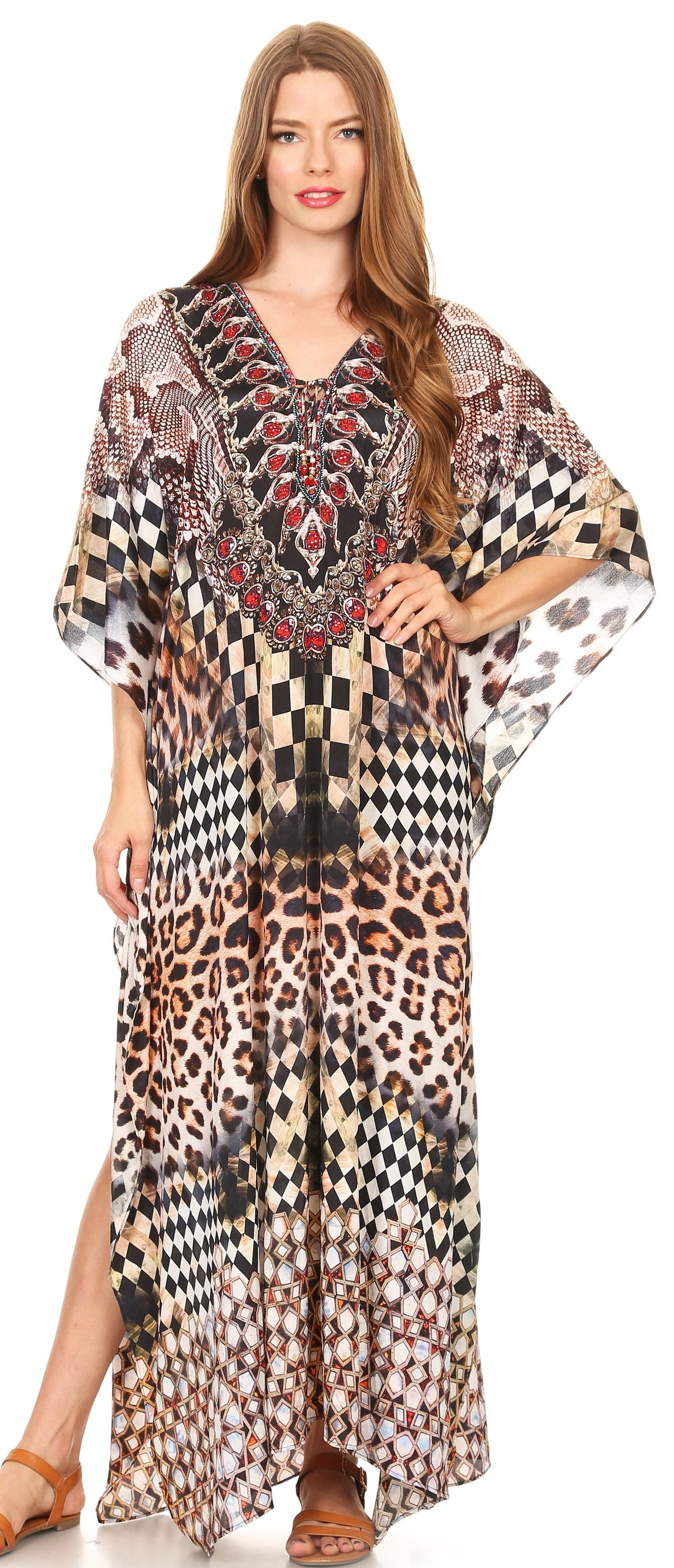 Vestido caftán largo Sakkas Georgettina con escote en V y cristales fluidos