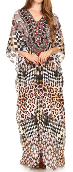 Vestido caftán largo Sakkas Georgettina con escote en V y cristales fluidos