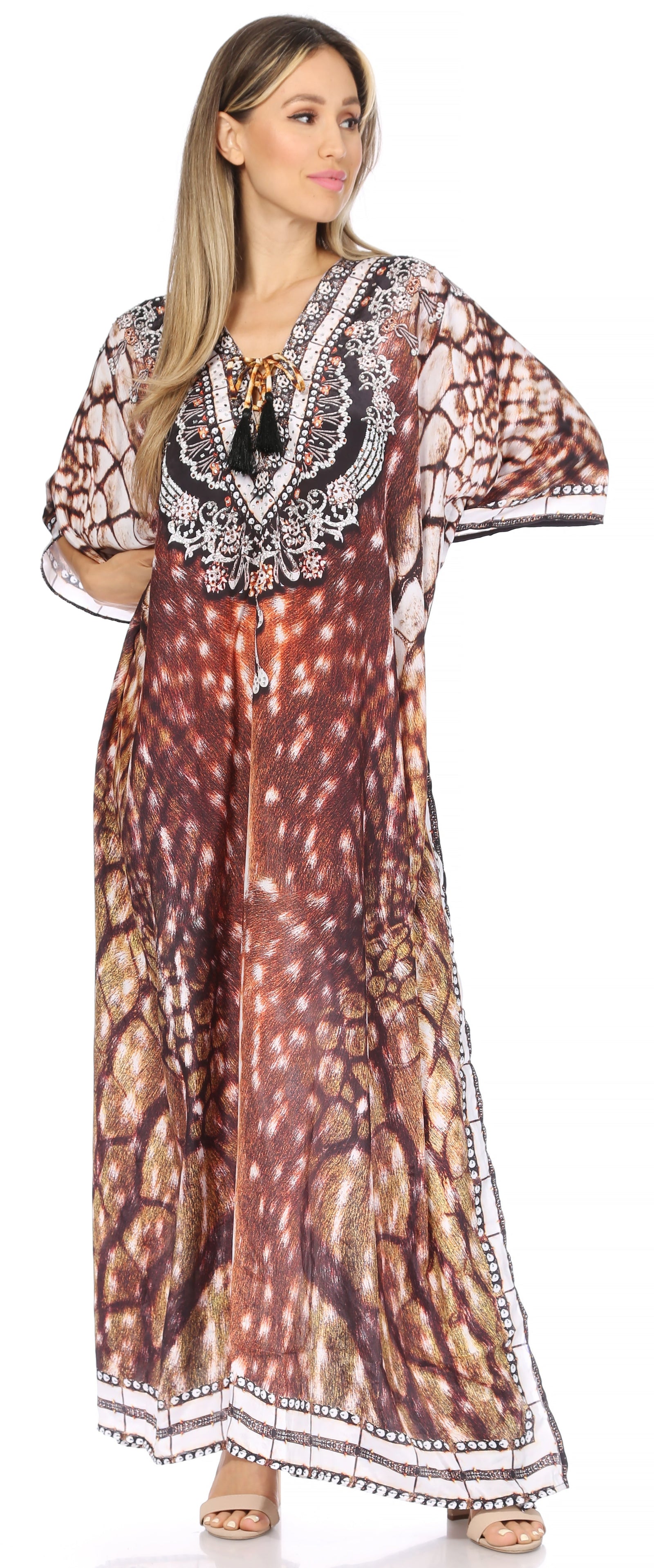 Vestido caftán largo Sakkas Georgettina con escote en V y cristales fluidos
