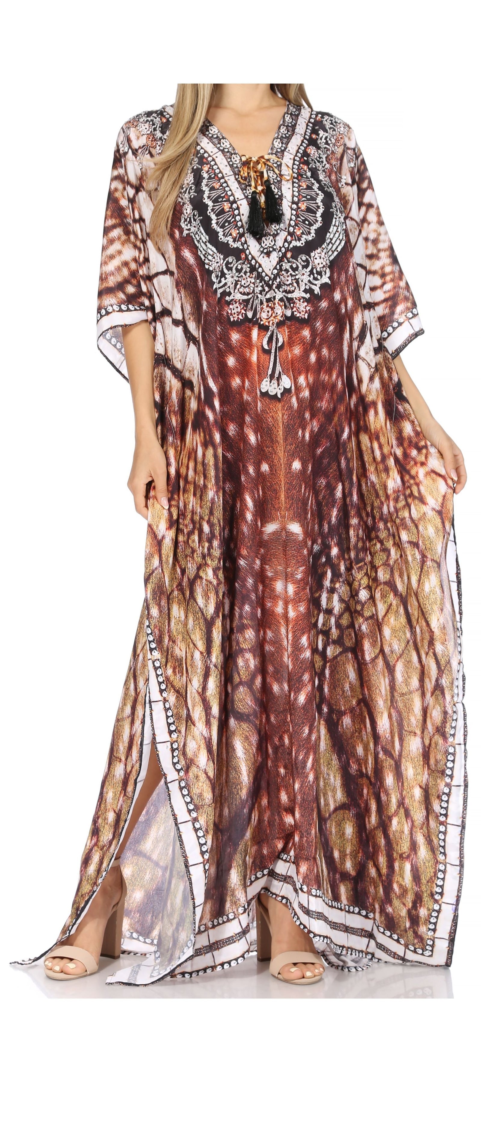 Vestido caftán largo Sakkas Georgettina con escote en V y cristales fluidos