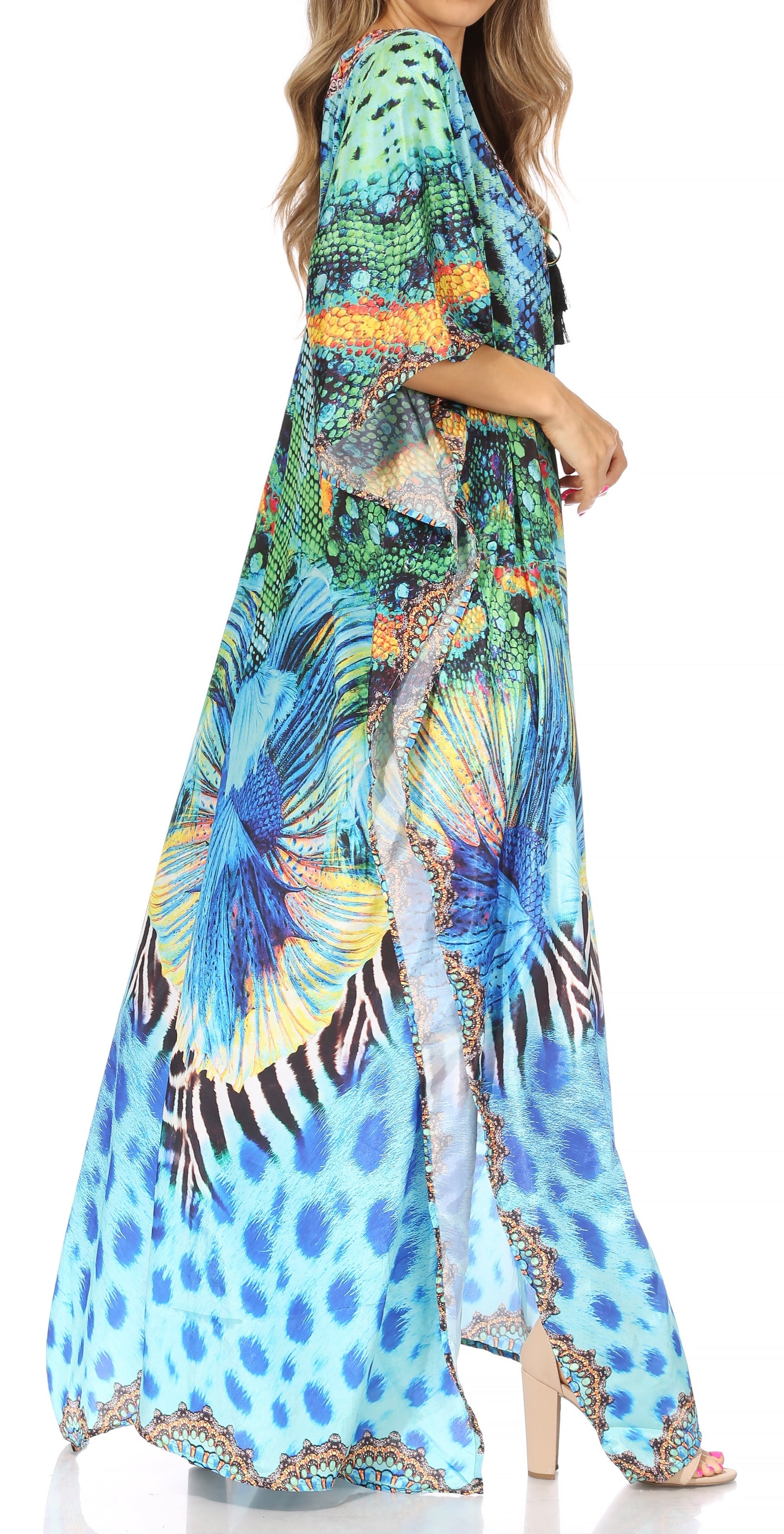 Vestido caftán largo Sakkas Georgettina con escote en V y cristales fluidos