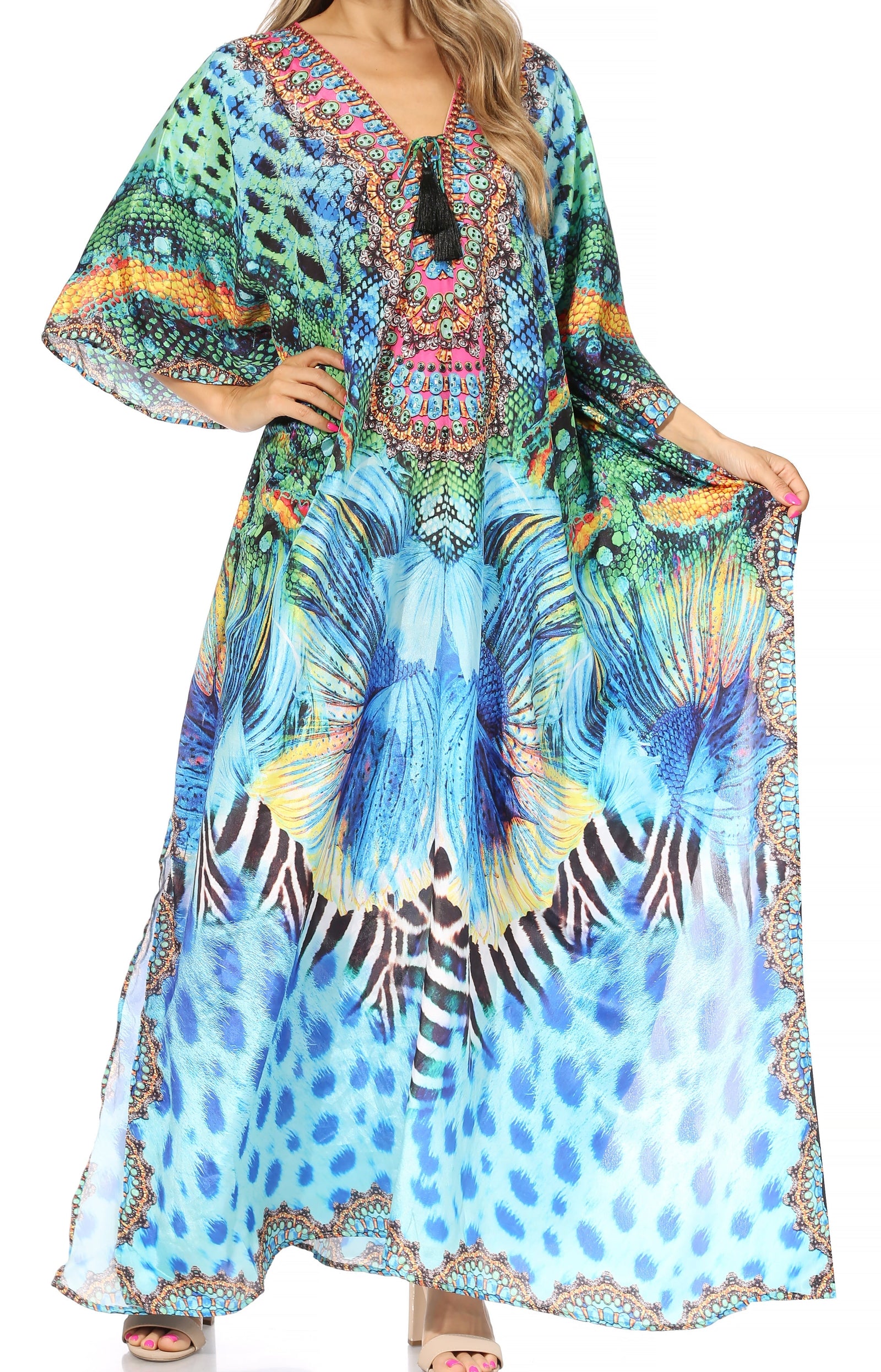 Vestido caftán largo Sakkas Georgettina con escote en V y cristales fluidos