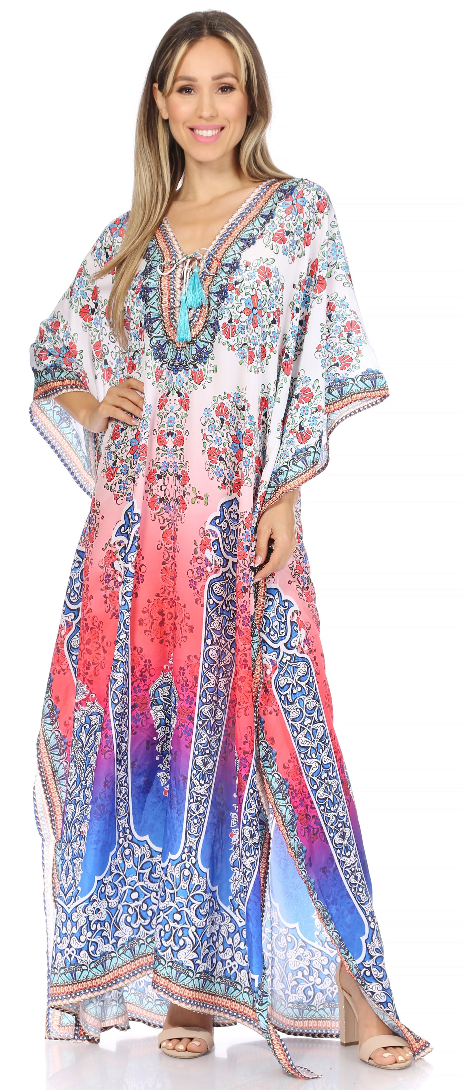 Vestido caftán largo Sakkas Georgettina con escote en V y cristales fluidos