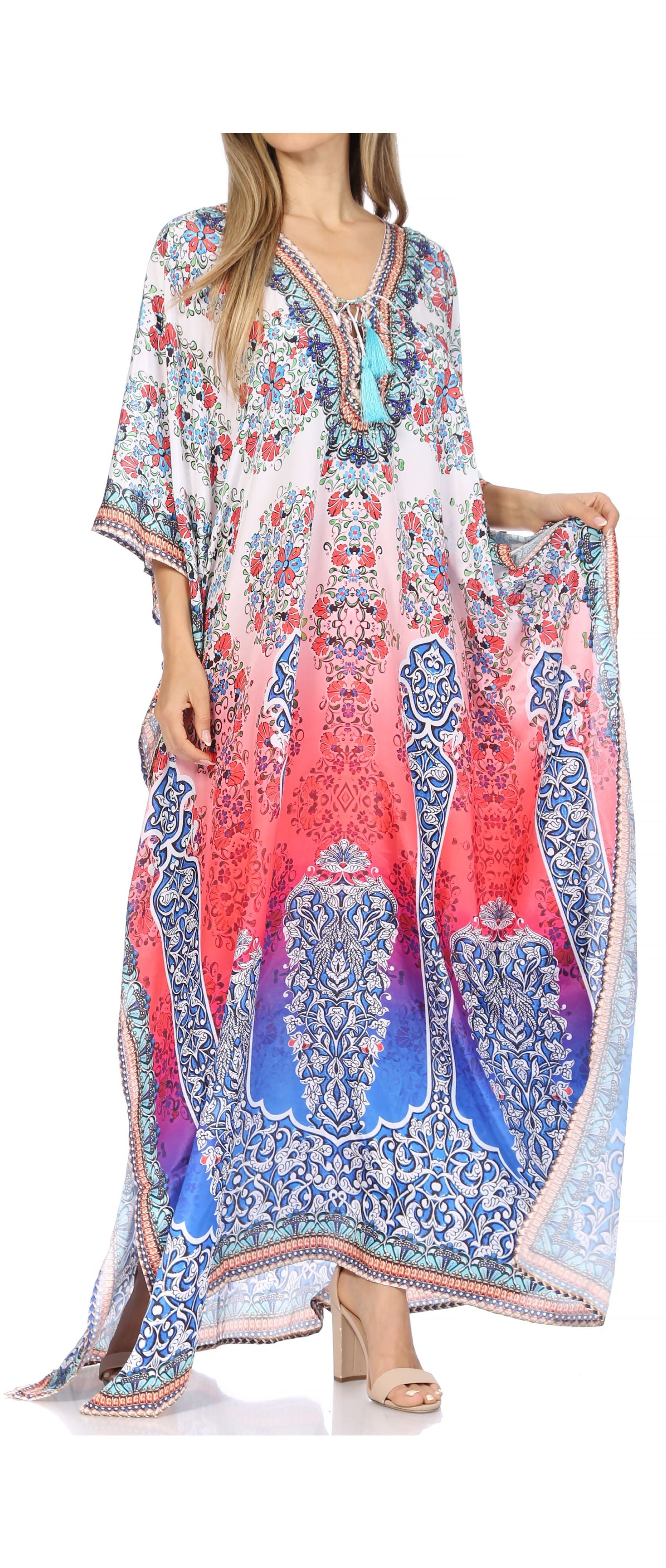 Vestido caftán largo Sakkas Georgettina con escote en V y cristales fluidos