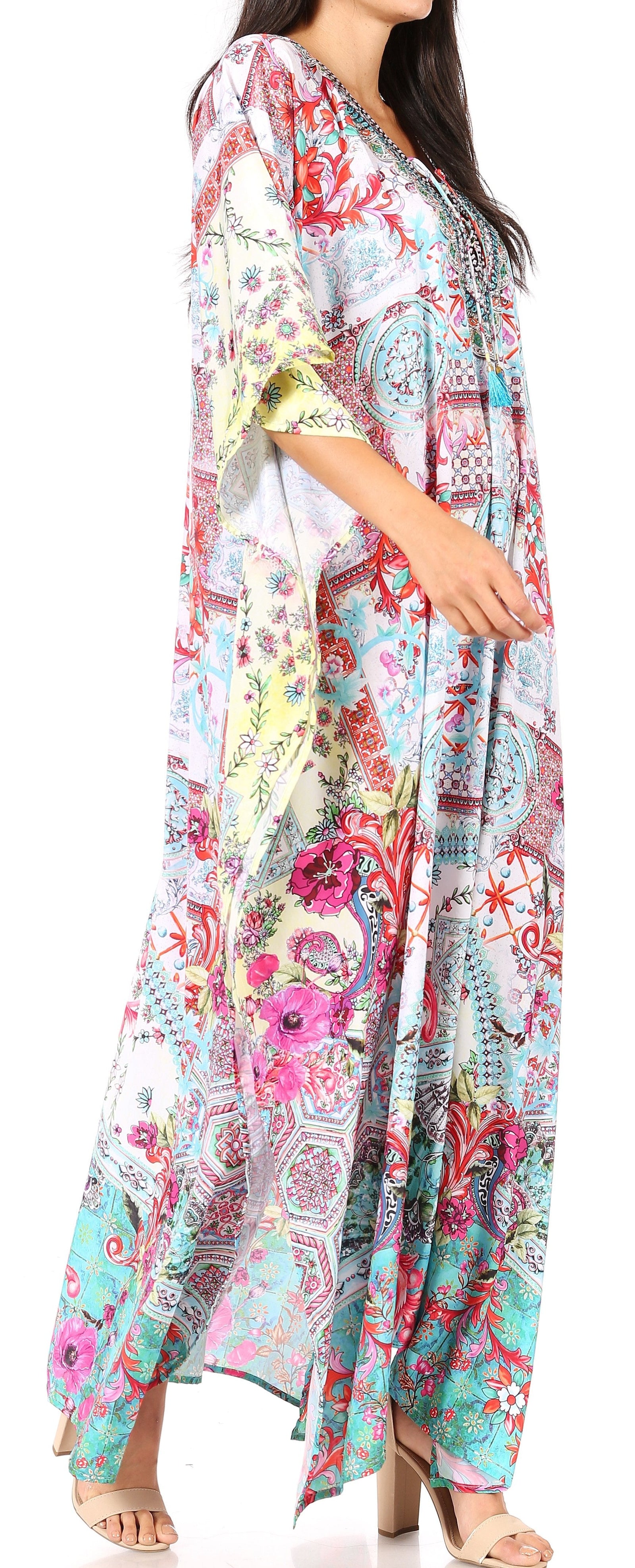 Vestido caftán largo Sakkas Georgettina con escote en V y cristales fluidos