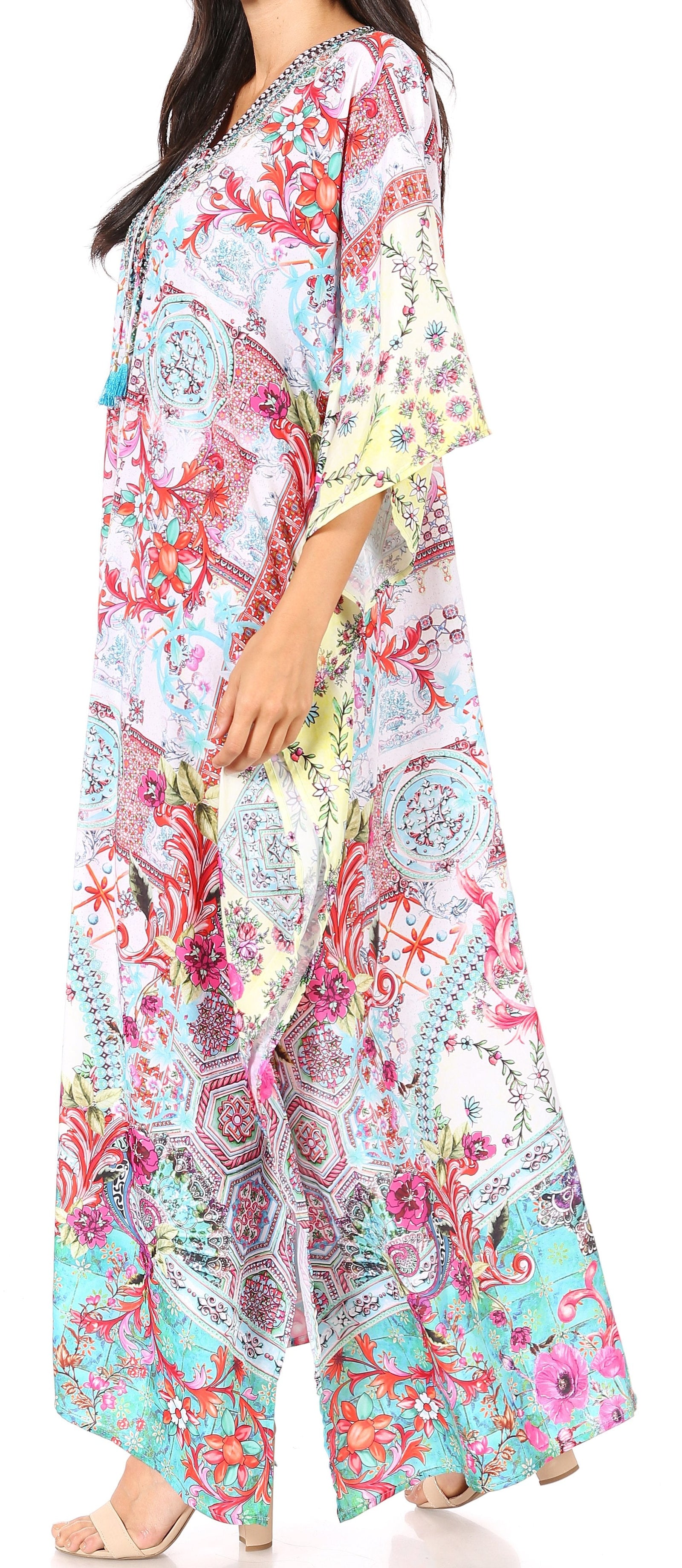 Vestido caftán largo Sakkas Georgettina con escote en V y cristales fluidos