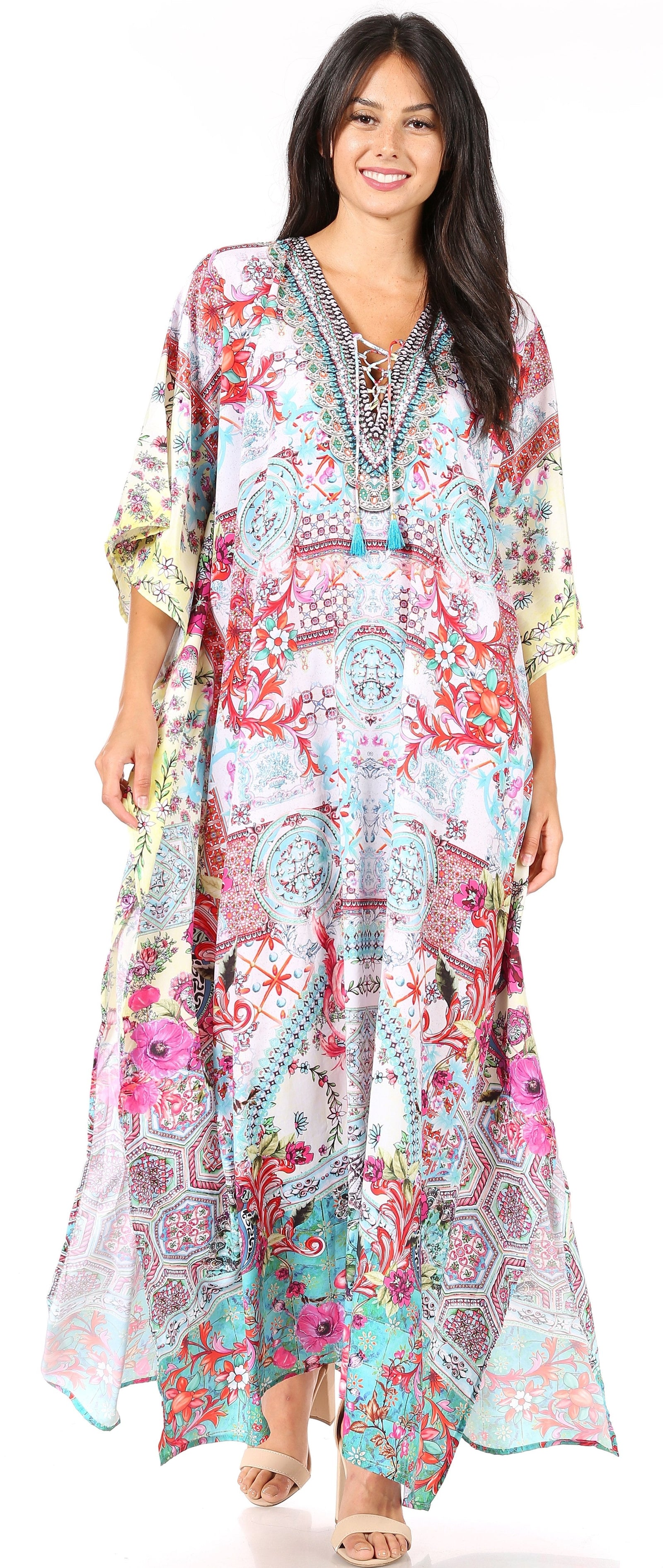 Vestido caftán largo Sakkas Georgettina con escote en V y cristales fluidos