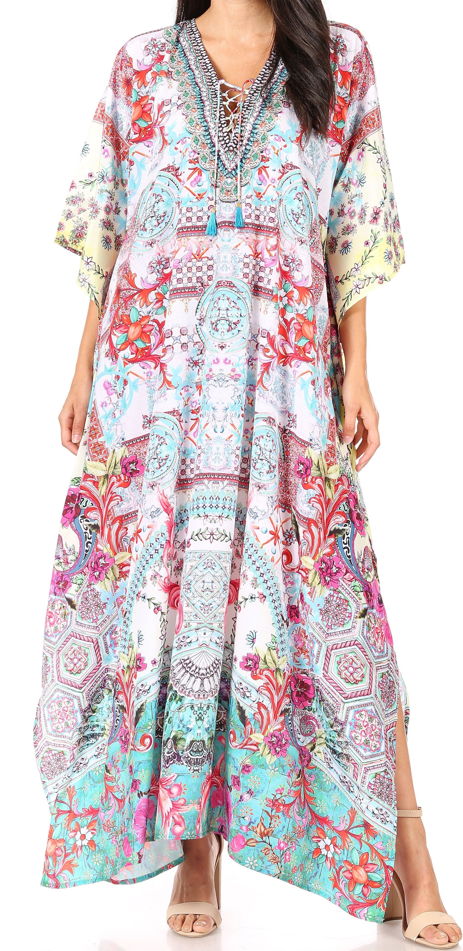 Vestido caftán largo Sakkas Georgettina con escote en V y cristales fluidos