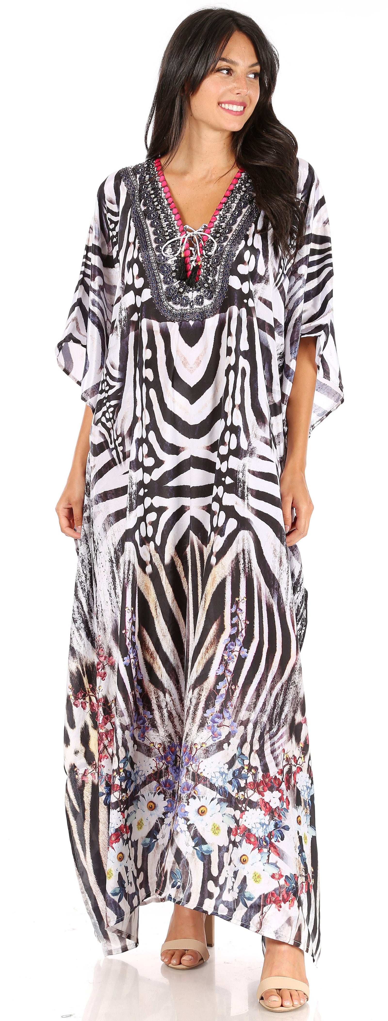 Vestido caftán largo Sakkas Georgettina con escote en V y cristales fluidos