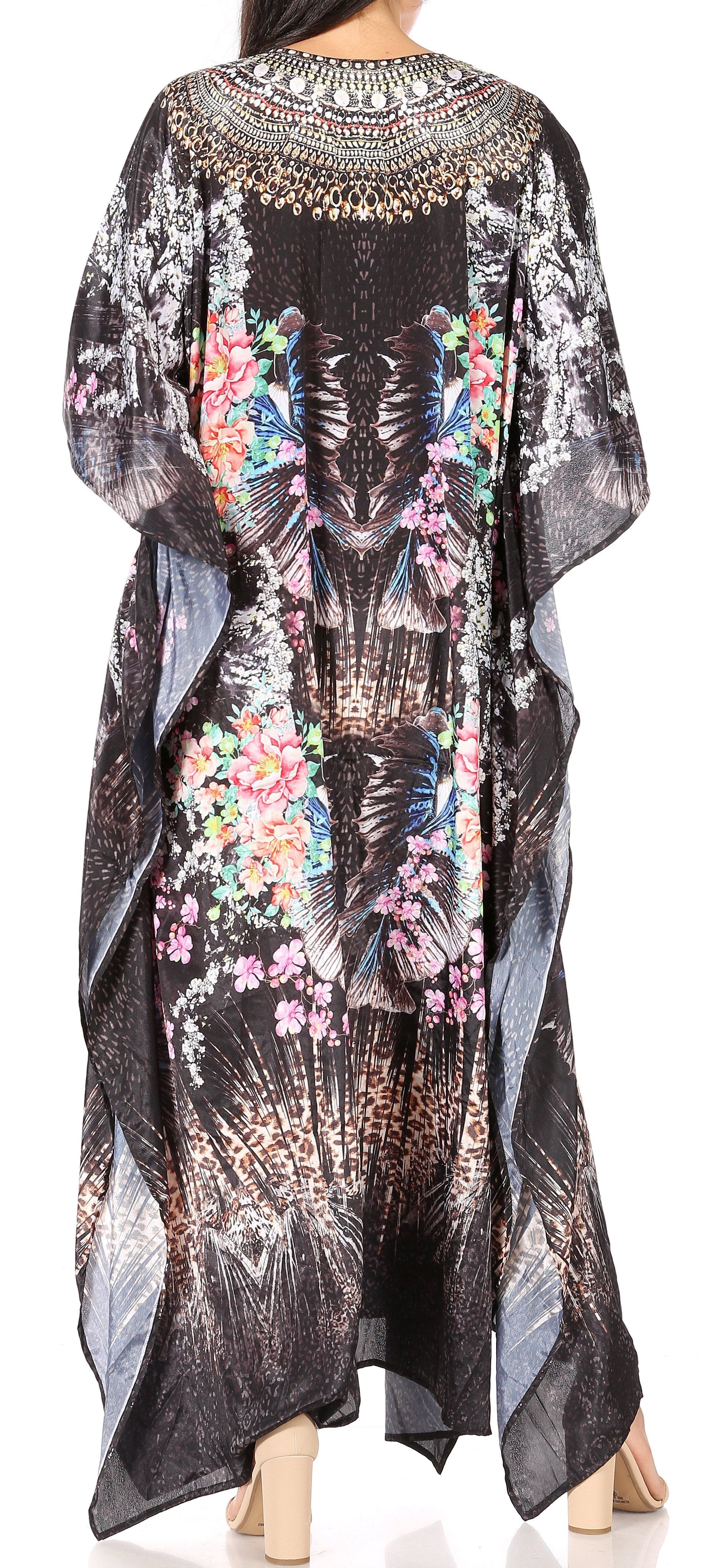 Vestido caftán largo Sakkas Georgettina con escote en V y cristales fluidos