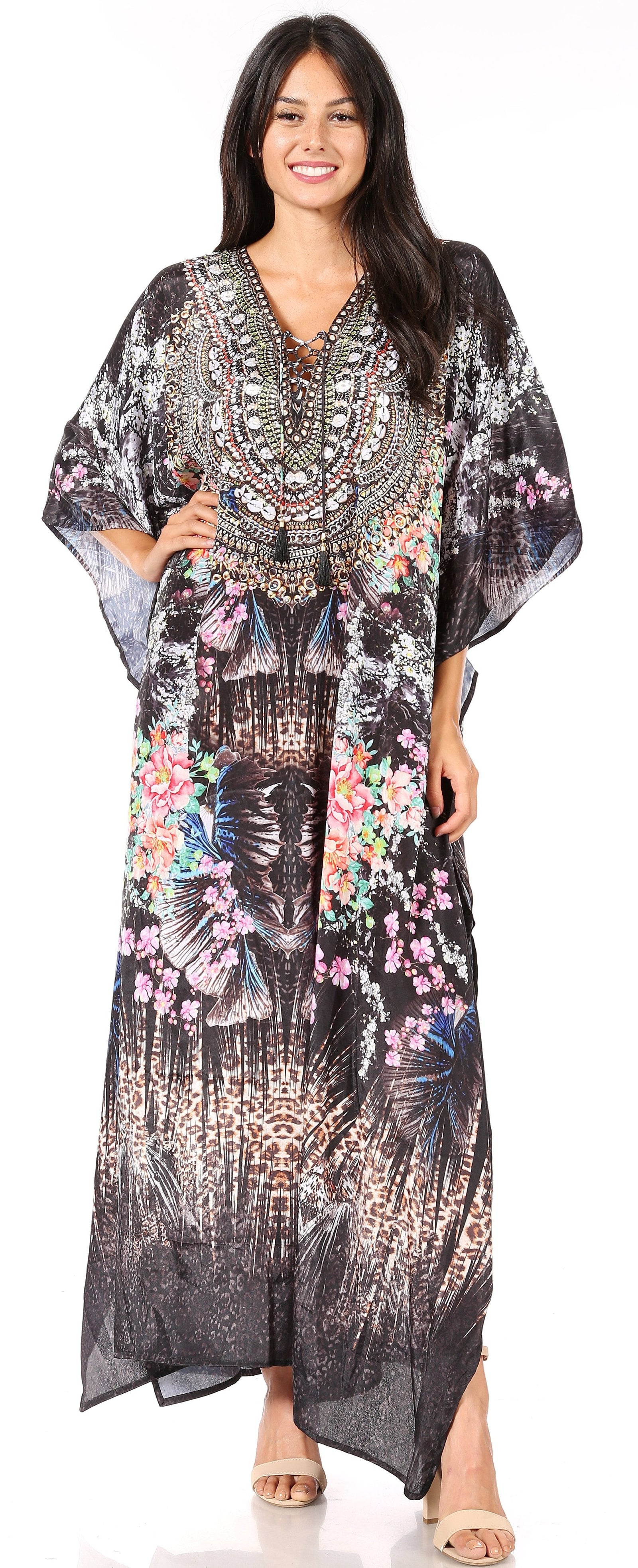 Vestido caftán largo Sakkas Georgettina con escote en V y cristales fluidos